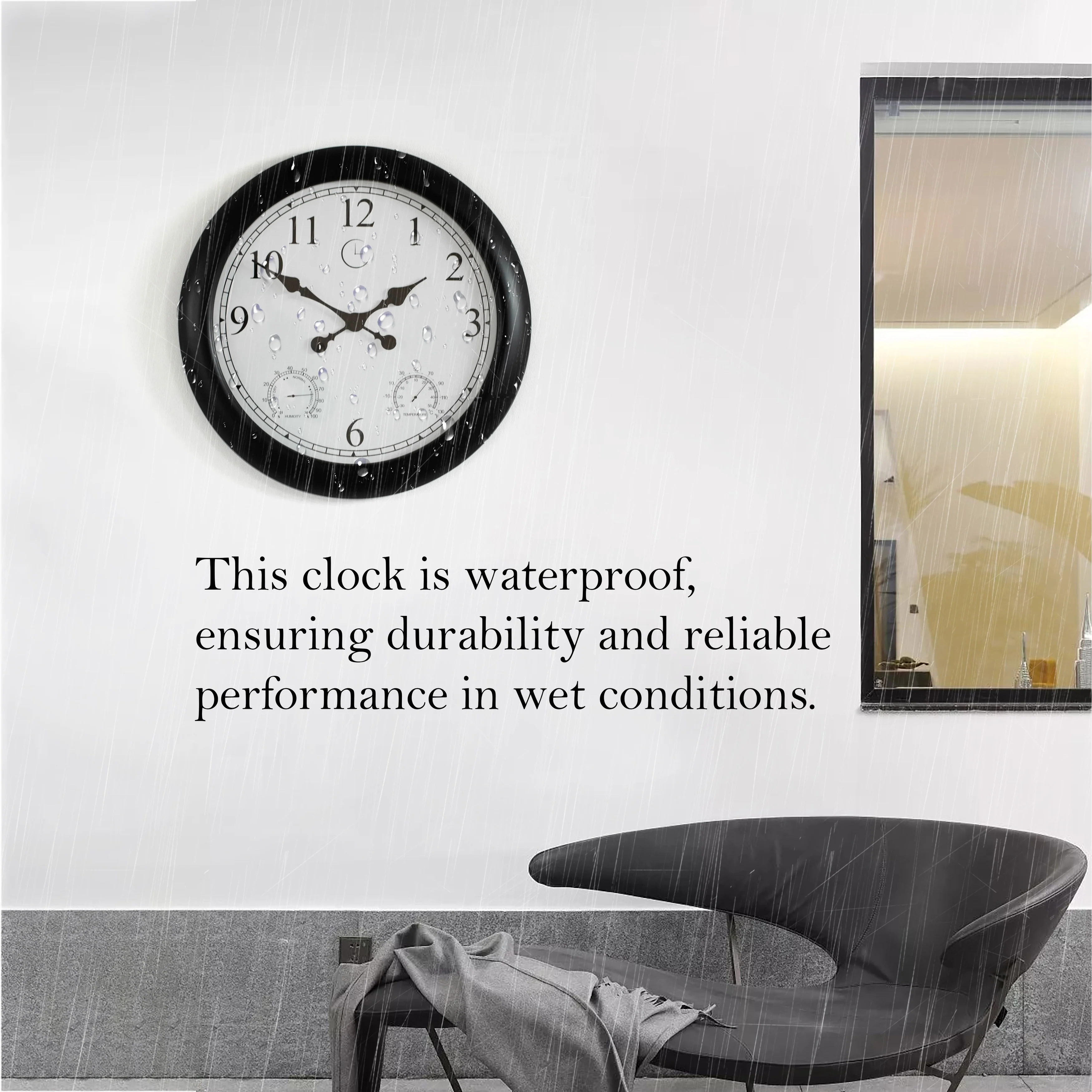 Large Outdoor Wall Clock with Thermometer, Waterproof Silent Garden Weather Station, Black - Image 8