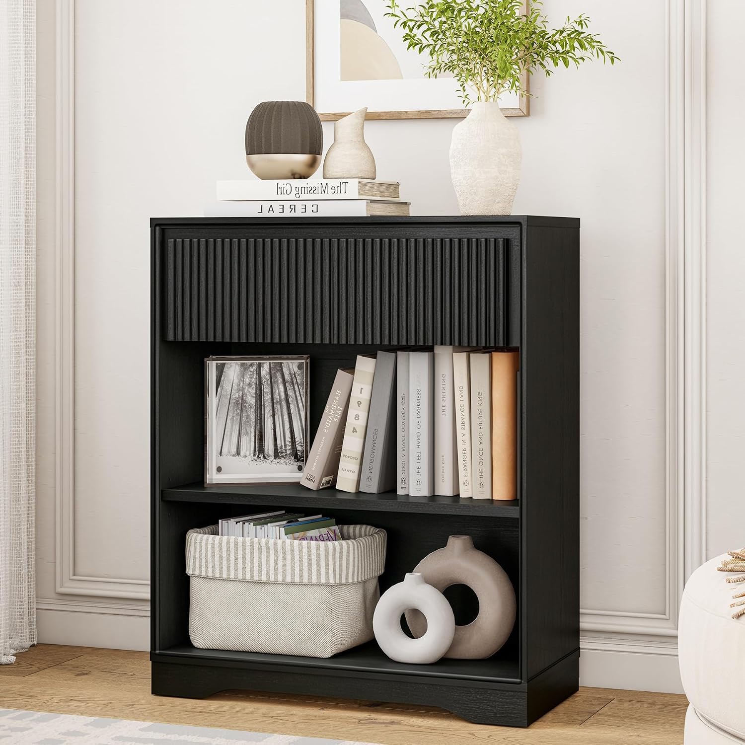 Small Bookcase with Fluted Drawer, 3-Tier Wood Bookshelf with Storage, Short Narrow Display Shelf for Small Spaces, Living Room, Home Office (Dark Walnut)