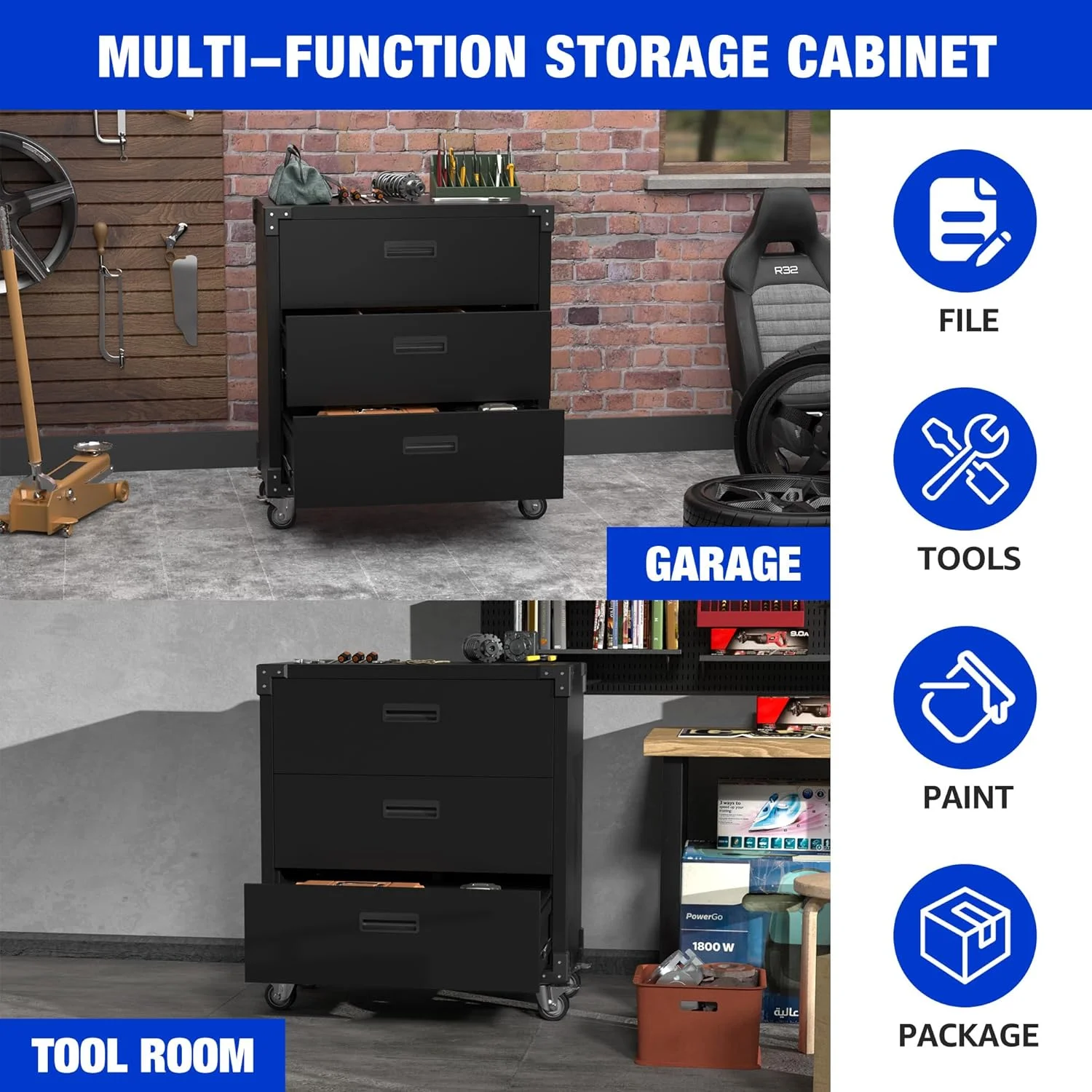Gaeanet Rolling Tool Storage Cabinet with 5 Adjustable Shelves and Pegboard,Metal Garage Storage Cabinet with Wheels for Garage Home Office Utility Room,71" H-32" W-16" D,Required Assembly, Black - Image 125