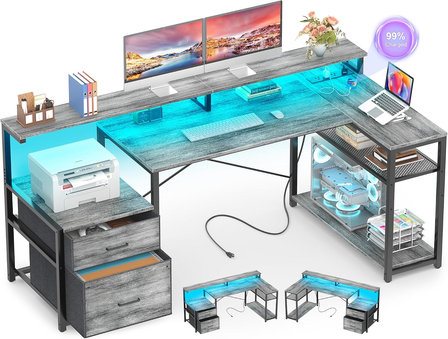 L Shaped Desk with File Drawer, Reversible L Shaped Gaming Desk - Image 5