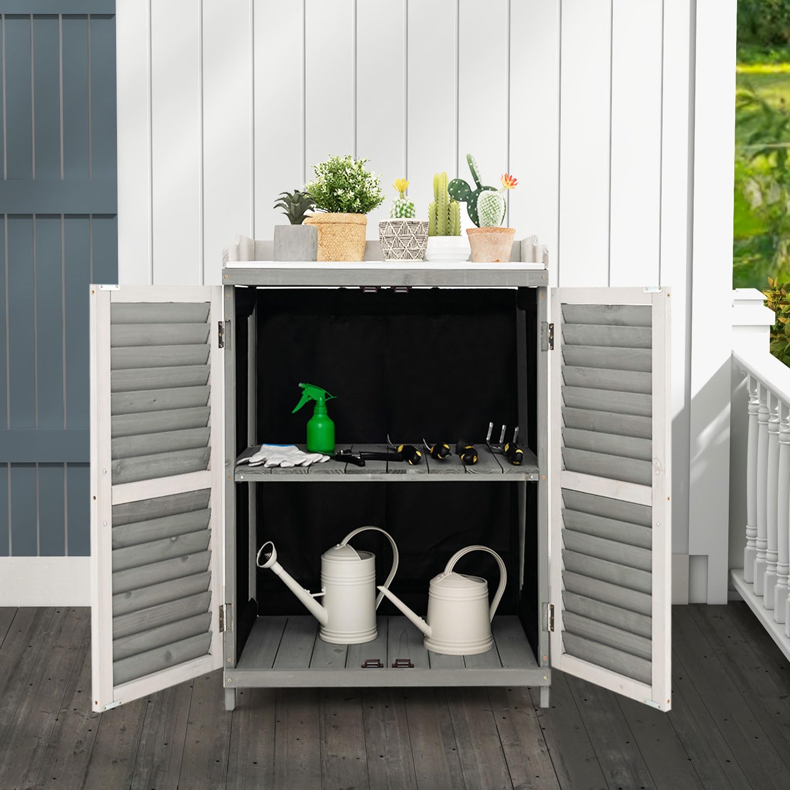 Outdoor Potting Workbench with Metal Tabletop, Garden Storage Cabinet for Patio - Image 3