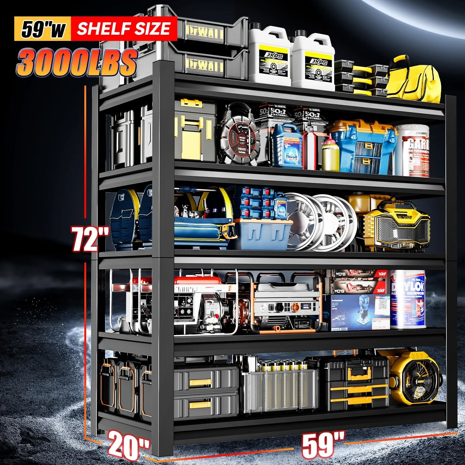 59" W Garage Shelving,5-Tier Heavy Duty Shelving Unit,3000LBS Adjustable Metal Storage Shelves,Storage Rack Units for Industrie,Shed,Warehouse,Basement,Black,59" W x 20" D x 72" H - Image 3