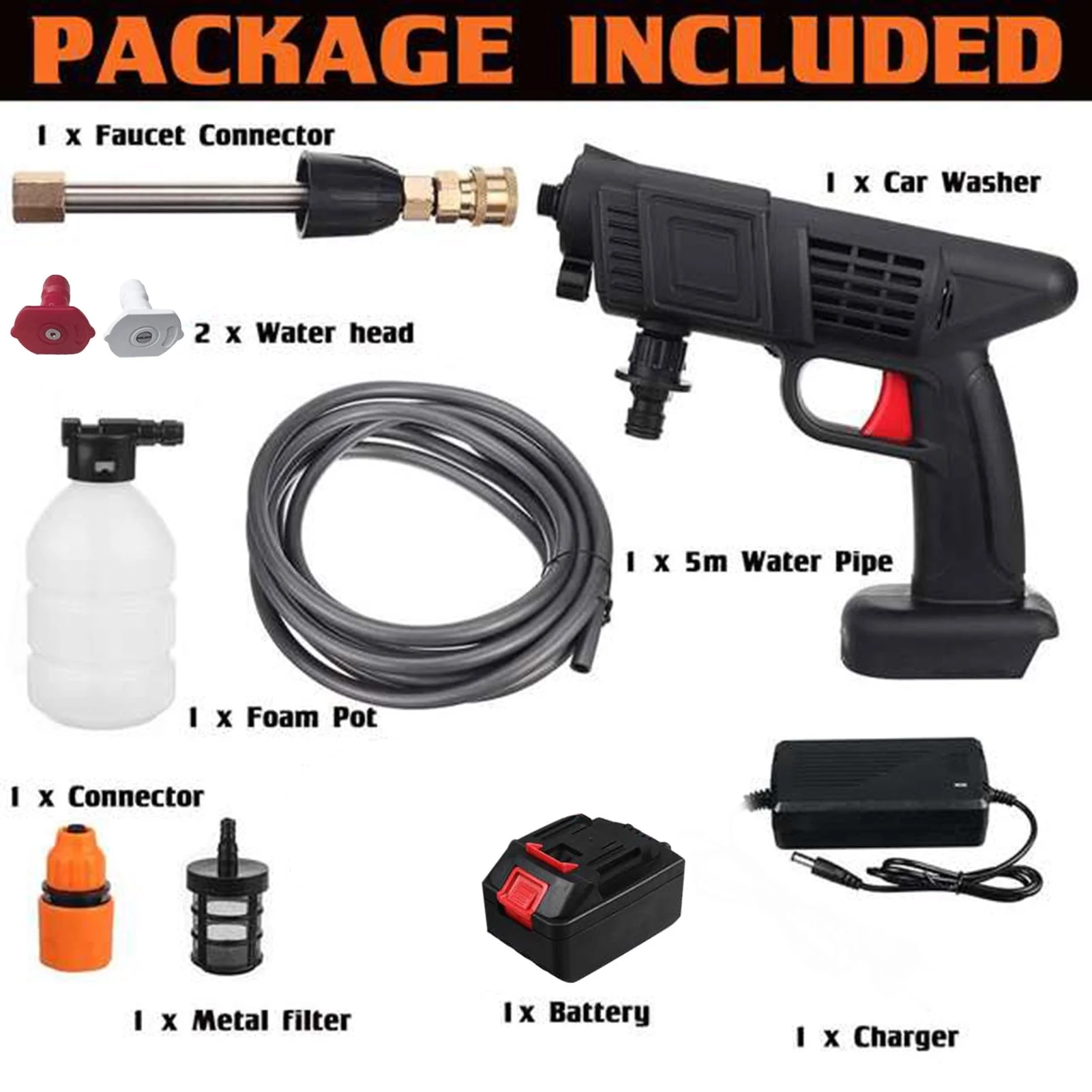 Aumotop Cordless Pressure Washer, 24V Portable Pressure Cleaner with 2 Adjustable Nozzles, Electric Handheld High Power Washer for Car, Fence, Floor Cleaning, Watering - Image 5