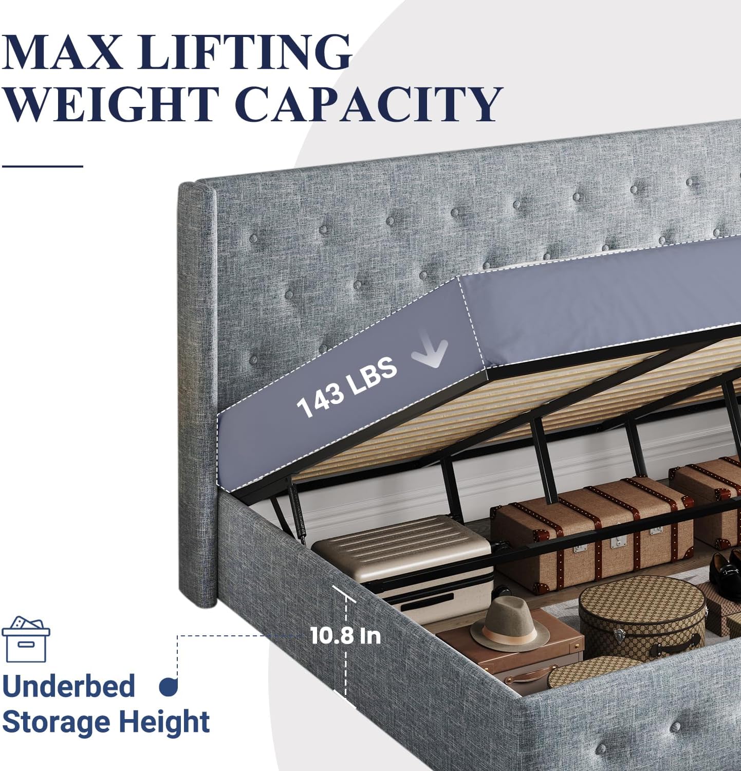 Queen Size Lift Up Storage Bed with Wingback Headboard, Upholstered Platform Bed Frame with Hidden Storage - Image 69