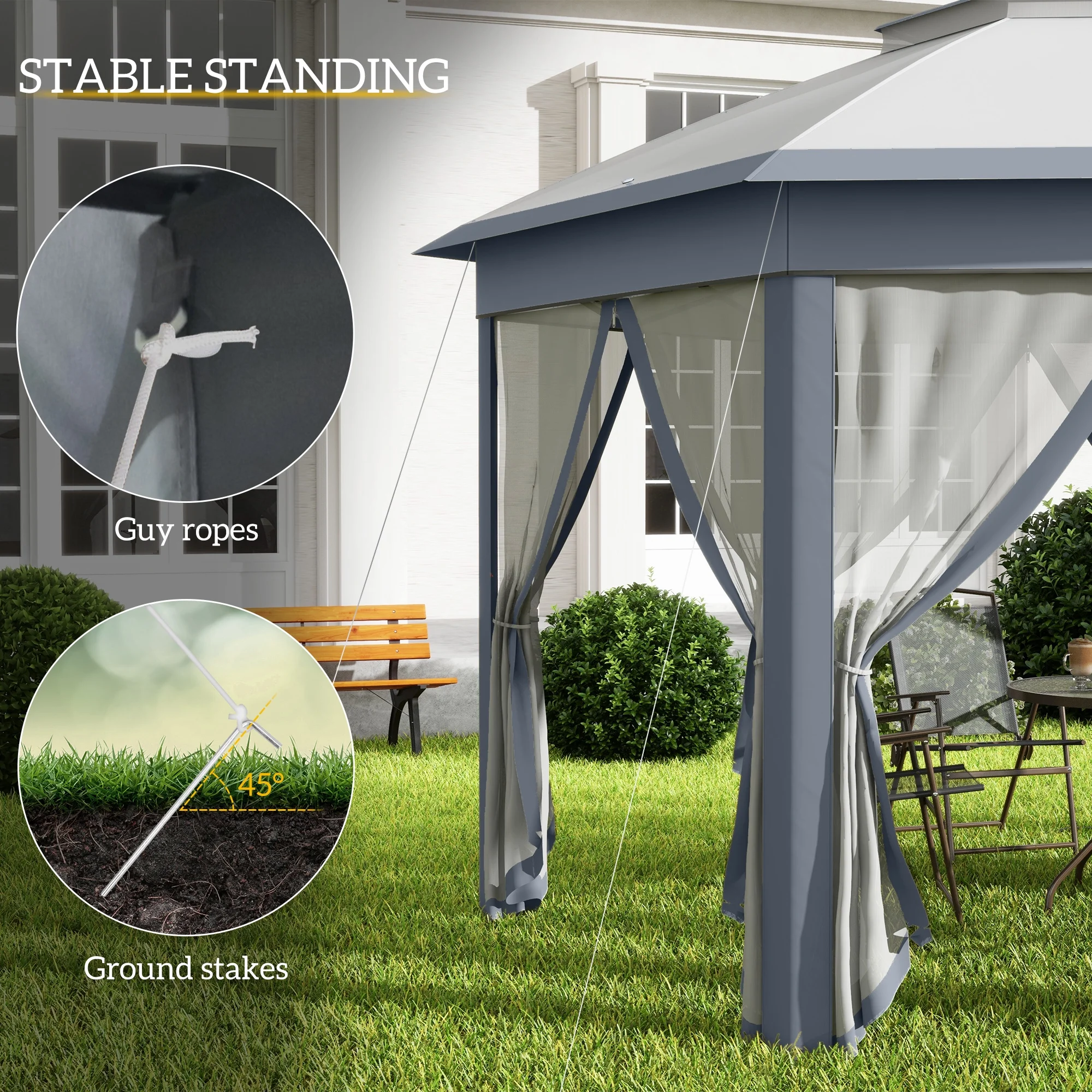 Outsunny 13' x 13' Pop Up Gazebo Hexagonal Canopy with 6 Zippered Mesh Netting, 2-Tier Roof Event Tent with Steel Frame for Patio Backyard, Gray - Image 7