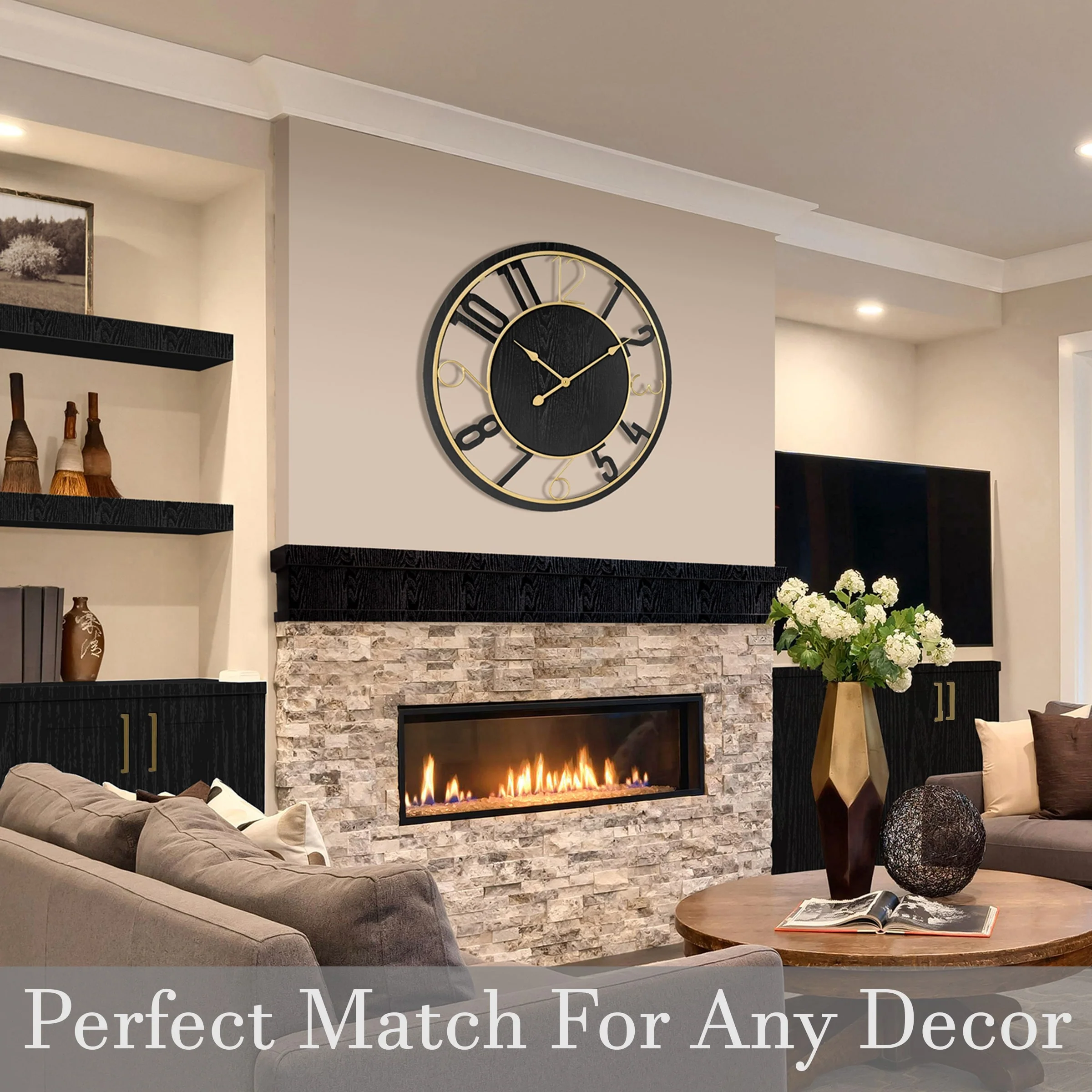24 Inch Round Wooden Wall Clock, Modern Analog Clock with Numeral Design, Battery Operated - Image 5