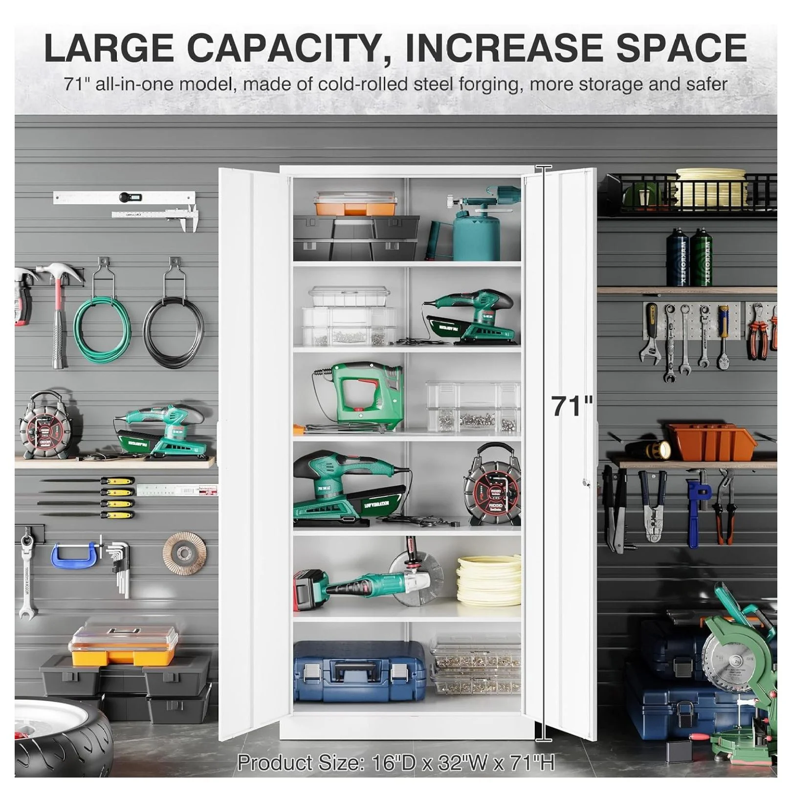 saney Black Metal Storage Cabinet with Doors and Shelves,Glass Cabinet Display Cabinet with Glass Doors,Office Cabinet with Storage Shelves and Double Doors, for Garage and Utility Room, Home Office - Image 6