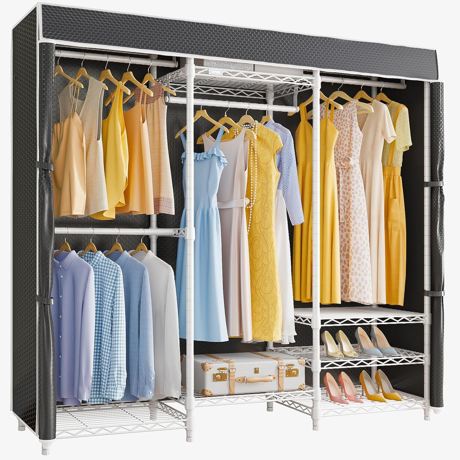 V5C Heavy Duty Covered Clothes Rack Portable Closet Rack, Black Metal Clothing Rack with Black Upgraded Polyester Cover, Adjustable Custom Freestanding Closet Wardrobe, Max Load 800LBS - Image 2