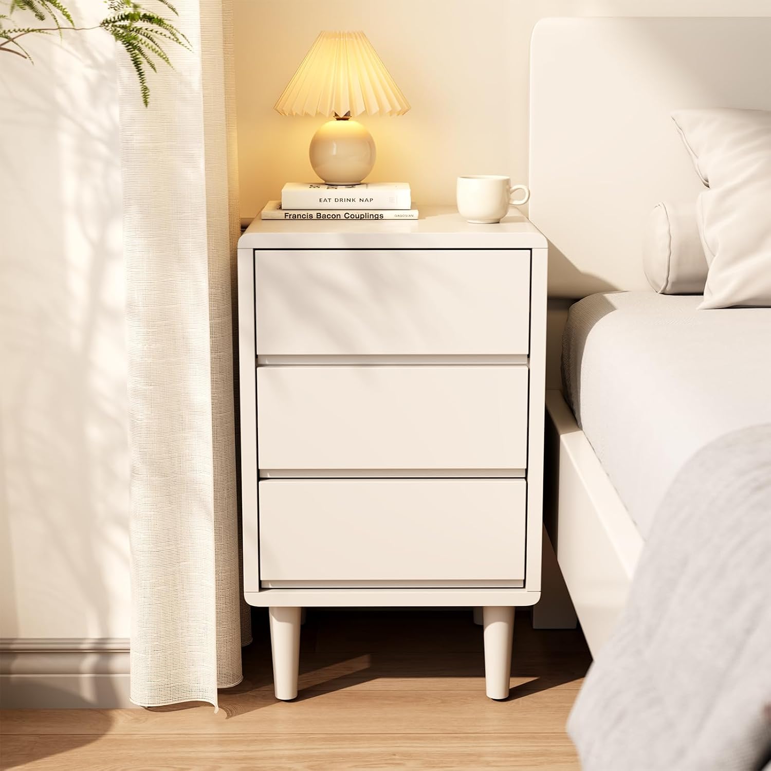 Walnut Solid Wood Nightstand with Drawers, Mid Century Modern Nightstand with Storage, Small Bedside Table for Bedroom, Living Room & Office