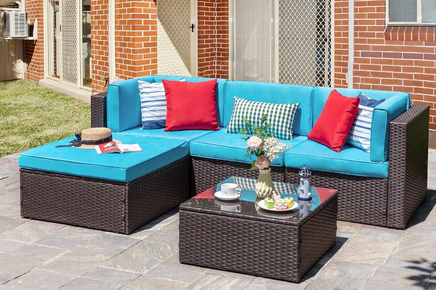 5-Piece All-Weather Patio Furniture Set with Ottoman, Outdoor Wicker Conversation Sofa Set with Cushions for Garden, Deck & Backyard - Image 3