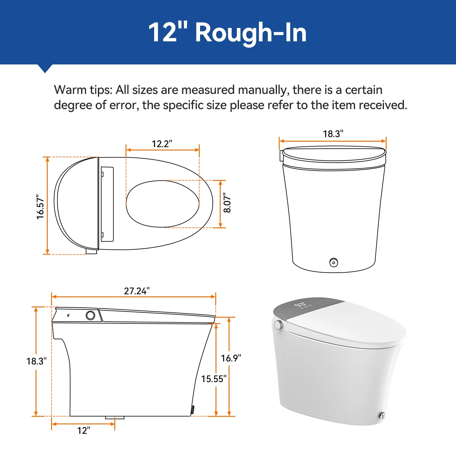 HOROW Smart Bidet Toilet Adjustable Cleaning , Heated Seat, No Water Pressure Limit, Auto Open/Close - Image 7