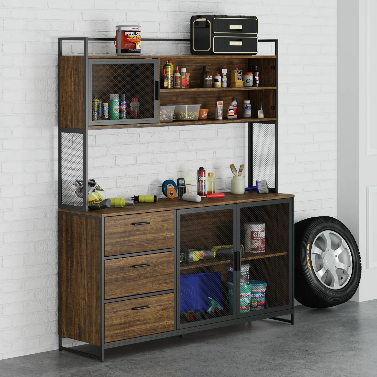 WIAWG Garage Cabinet with 3 Drawers and Metal Mesh Door, Industrial Mutifunctional Tool Storage Cabinet for Warehouse, Basement, Home Office (Walnut) - Image 2