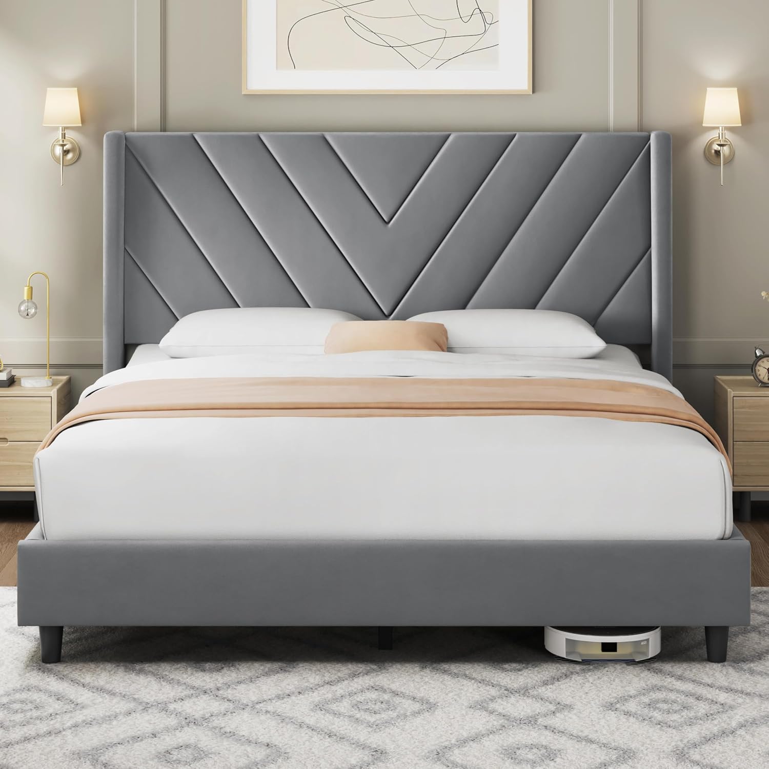 Twin Bed Frame with Chevron Channel-Tufted Headboard, Light Gray - Image 6