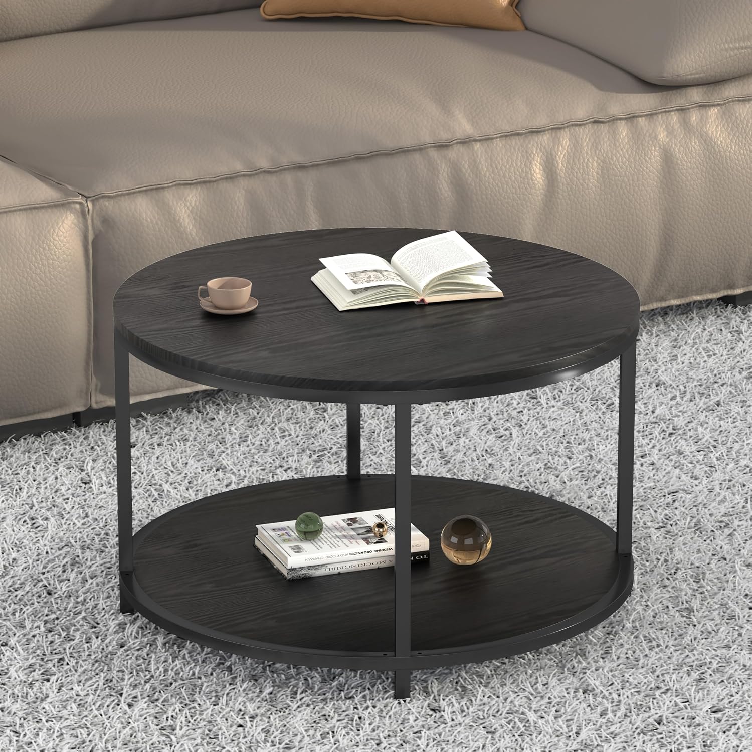 Round Coffee Table, 36" Coffee Table for Living Room, 2-Tier Rustic Wood Desktop with Storage Shelf, Modern Design Home Furniture (Light Walnut) - Image 2