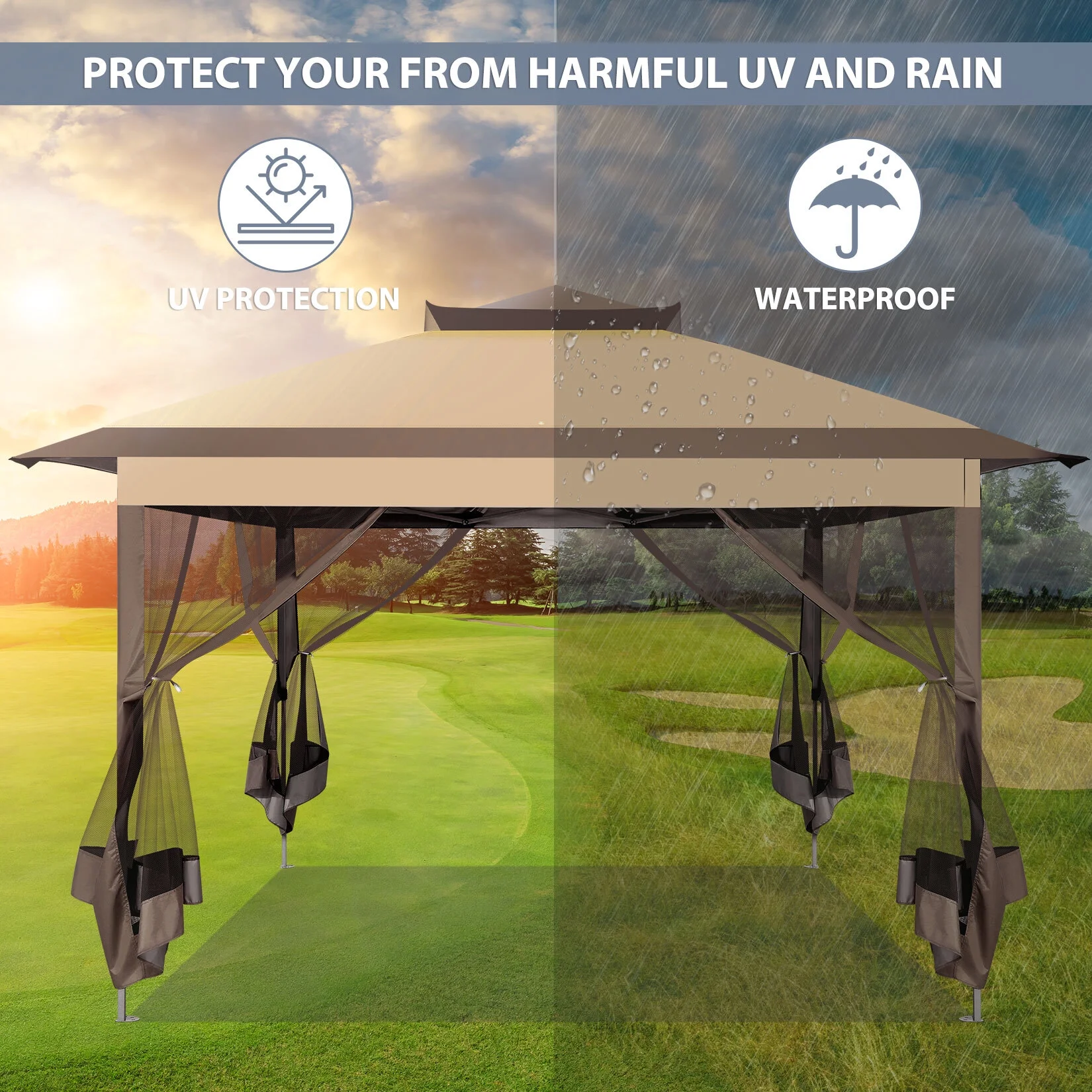 COBIZI 11x11 Pop up Gazebo Outdoor Canopy Gazebo Patio Gazebo with Mosquito Netting Canopy Shelter with 121 Square feet of Shade for Poolside, Garden, Party and Backyard, Khaki - Image 37
