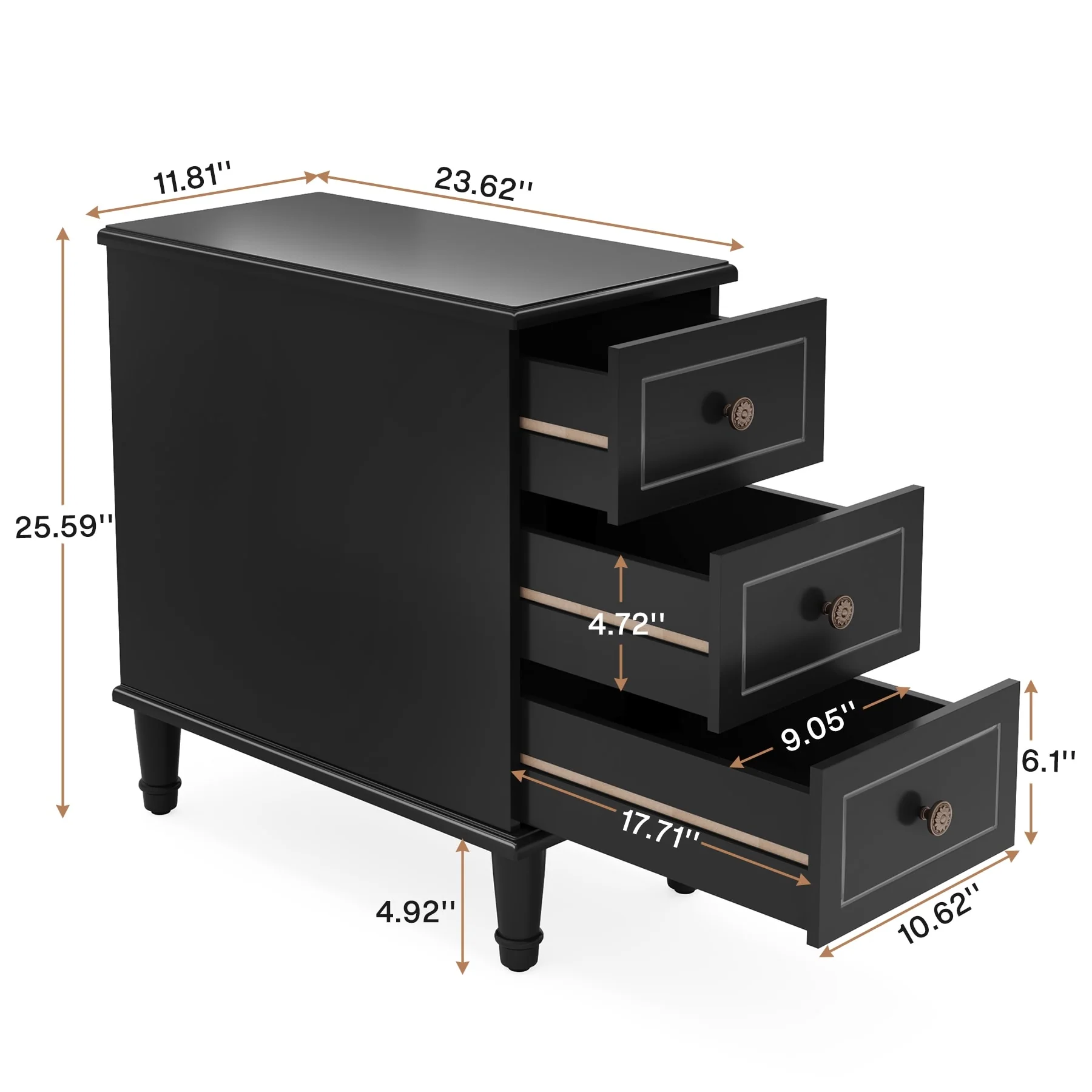Fully Assembled Narrow End Table, Solid Wood Side Table with 3 Drawers, Vintage Nightstand for Small Spaces - Image 22
