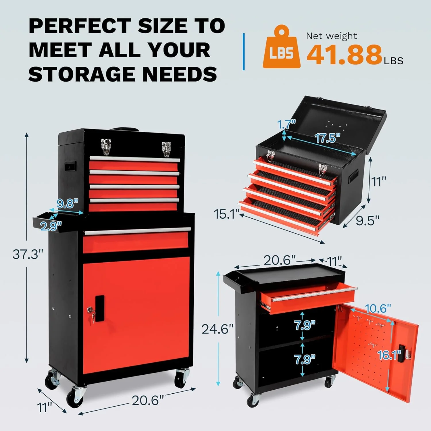 Rolling Tool Box, 5 Drawer Tool Chest with Wheels, Tool Box Organizer with Detachable Top, Lockable Drawers & Sliding Storage for Garage & Workshop - Image 3