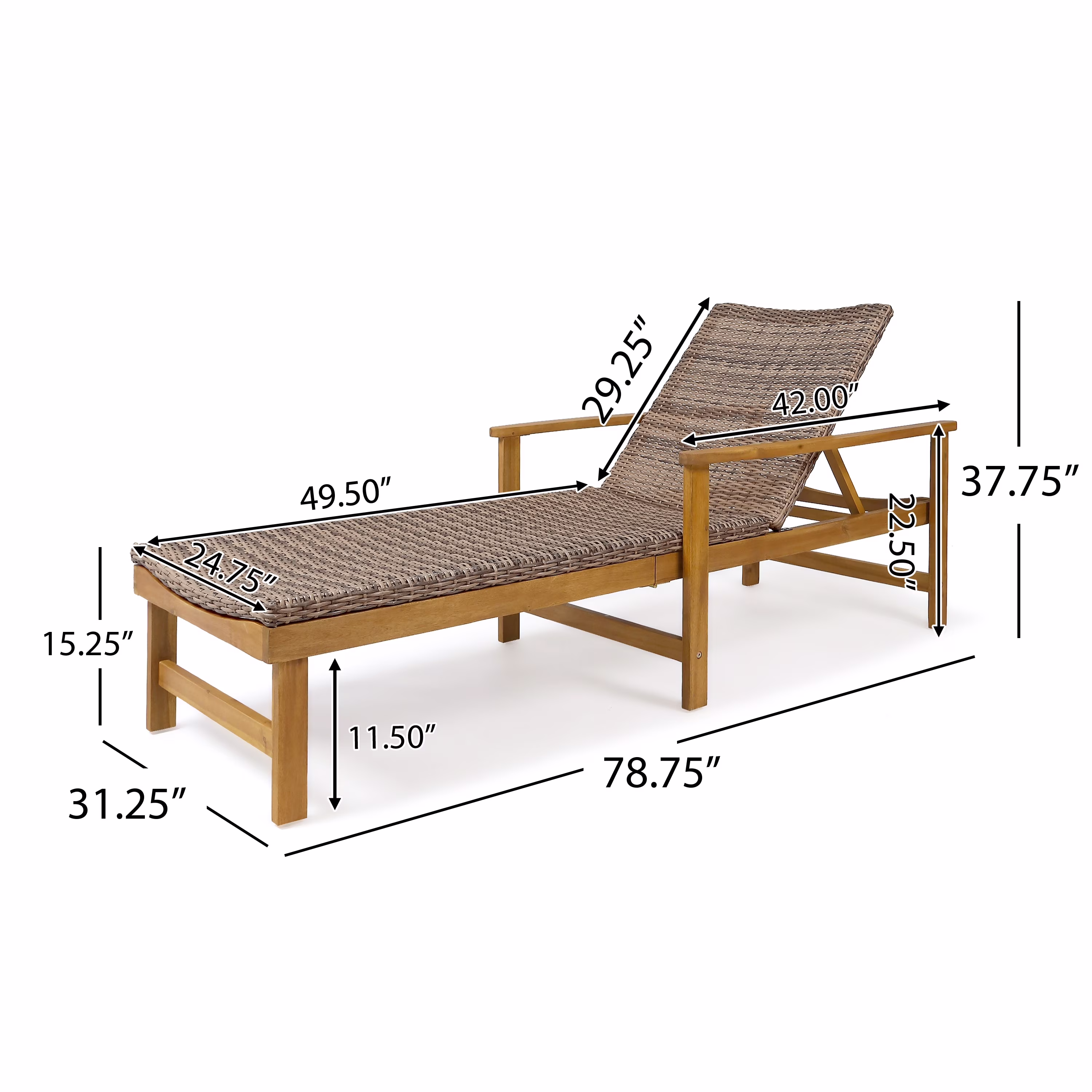 Christopher Knight Home Hampton Outdoor Rustic Acacia Wood Chaise Lounge with Wicker Seating by mixed black, light gray wash - Image 3