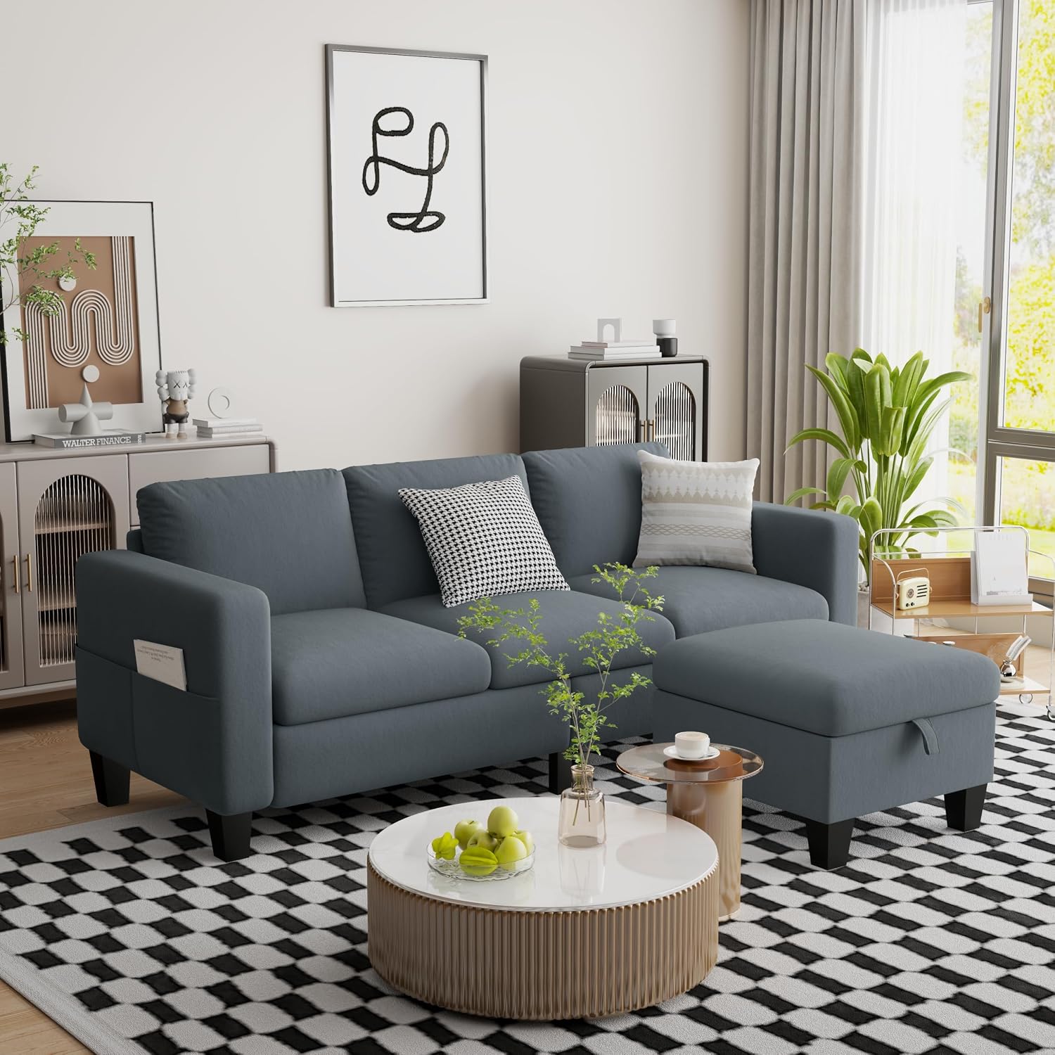 Convertible Sectional Sofa Couch,Classic 3 Seat L-Shaped Sofa with Movable Ottoman, Modern Dark Grey Velvet Fabric Upholstered Small Sectional Sofa Couch for Small Apartment Living Room Office - Image 4