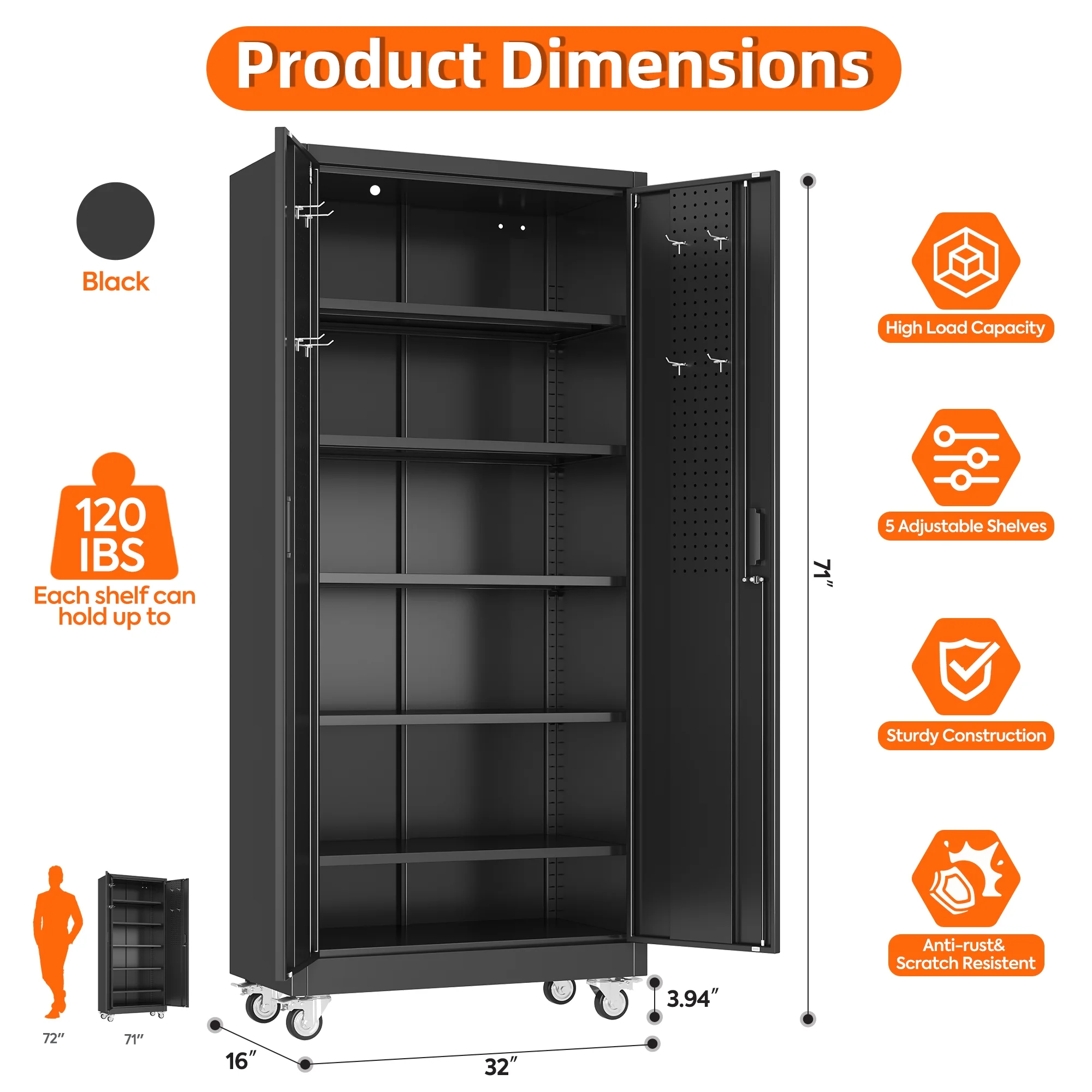 GangMei 71 Inches Tall Metal Garage Storage Cabinets with 5 Adjustable Shelves & Pegboards, Lockable Steel Black Storage Cabinet with Doors for Office, Home, School, Shops, Garage, Assembly required - Image 19