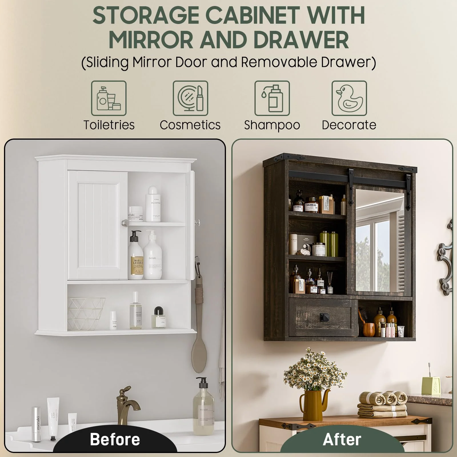 Vabches Farmhouse Bathroom Wall Storage Cabinet with Sliding Mirror Door, Adjustable Shelves, Over The Toilet Storage, Dark Rustic Oak - Image 7