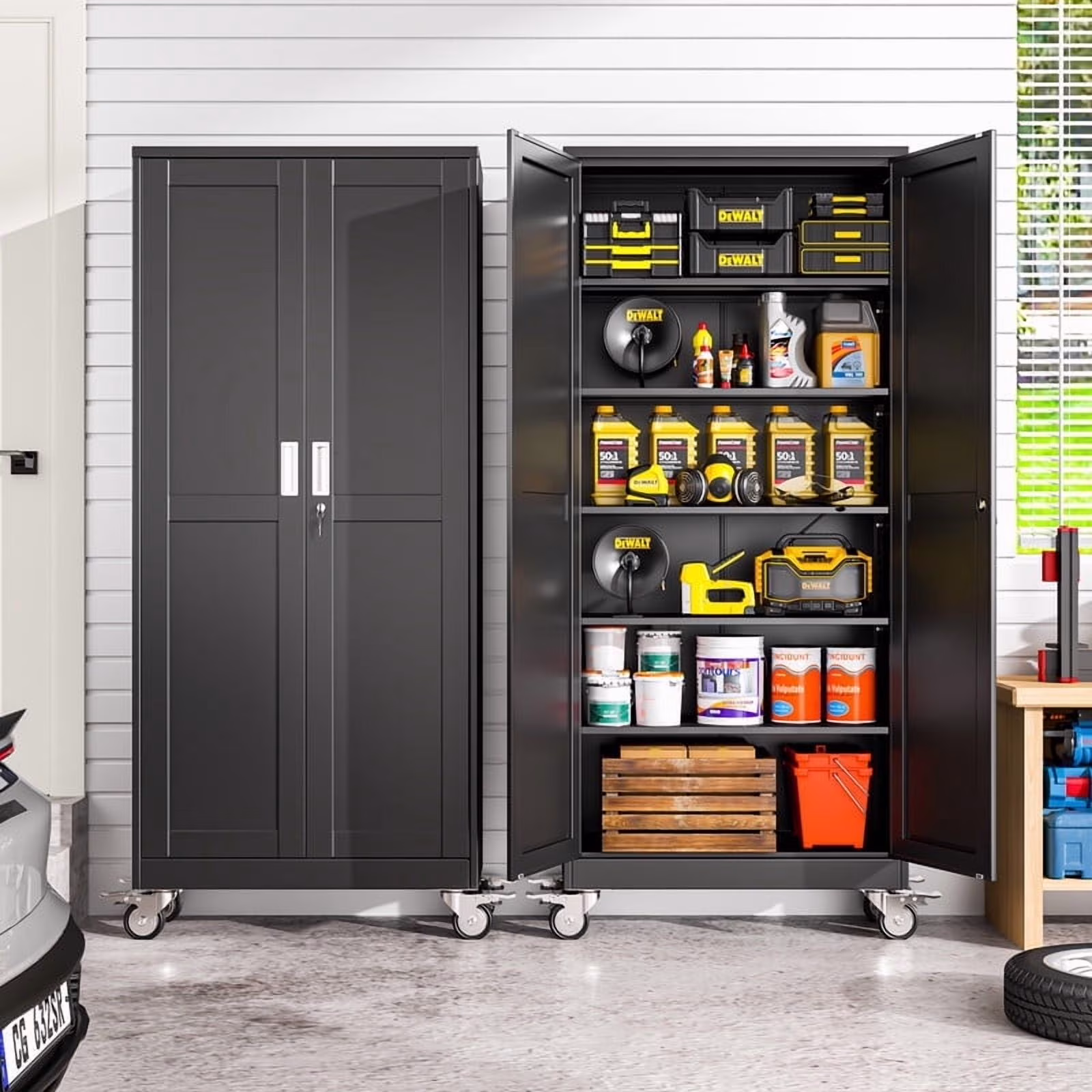 Erosoei 75"H Metal Garage Storage Cabinet with Wheels, Tool Storage Cabinet with 5 Adjustable Shelves