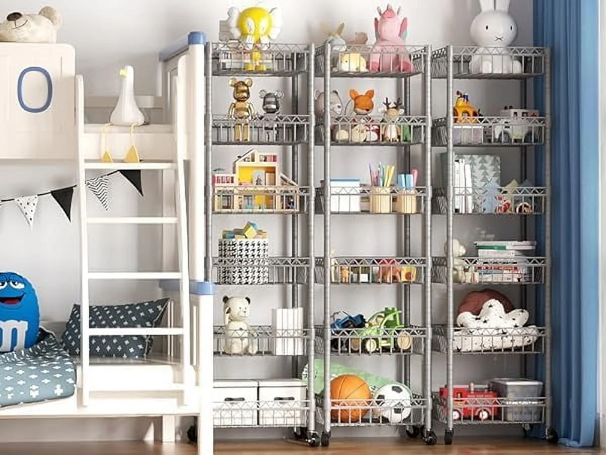 6 Tier Wire Shelving Unit with Wheels Baskets Storage Rack Corner Shelves Adjustable Shelf Closet Bathroom Organizers Metal Pantry Kitchen Garage Laundry Room 13.5" D x 13.5" W x 63" H Silver - Image 7