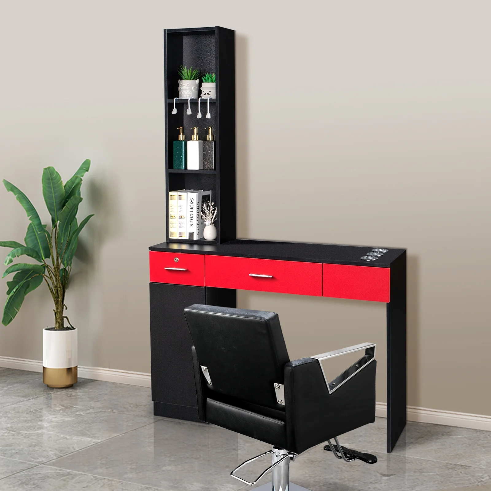 OmySalon Barber Station Wall Mount Salon Hair Styling Beauty Spa Equipment with 2 Drawers, 1 Storage Cabinet, 3 Open Shelves (Black) - Image 12