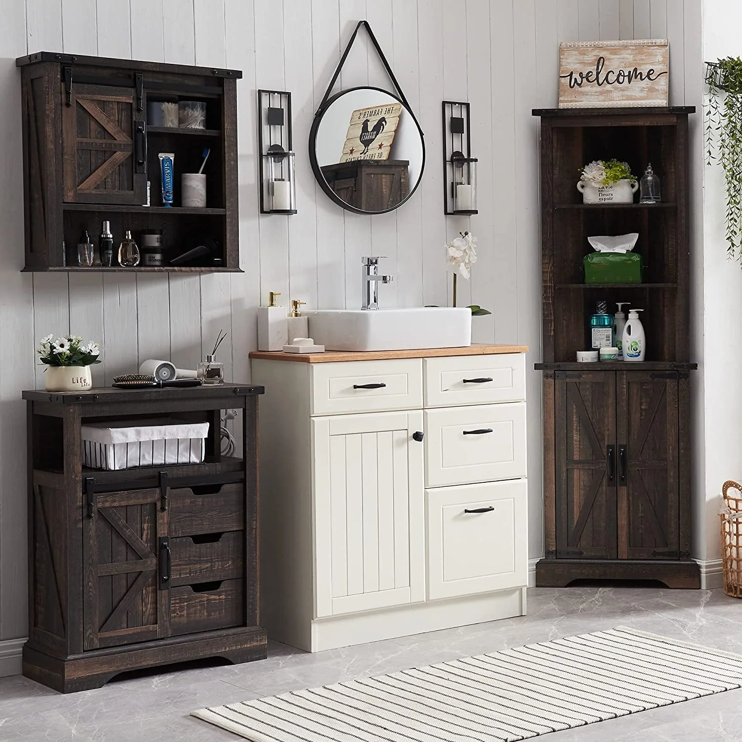 OKD Farmhouse Bathroom Storage Cabinet with 3 Drawers and Adjustable Shelves Wooden Rustic Accent Entryway Cupboard, Antique White - Image 25