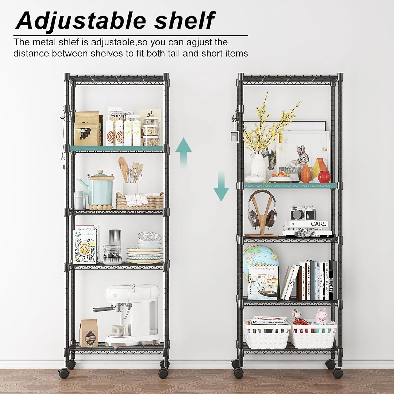 5-Tier Storage Shelf Wire Shelving Unit on Wheels, Adjustable Heavy Duty Metal Shelves with Side Hooks, Steel Rack Organization for Kitchen Garage Basement, Silver - Image 14
