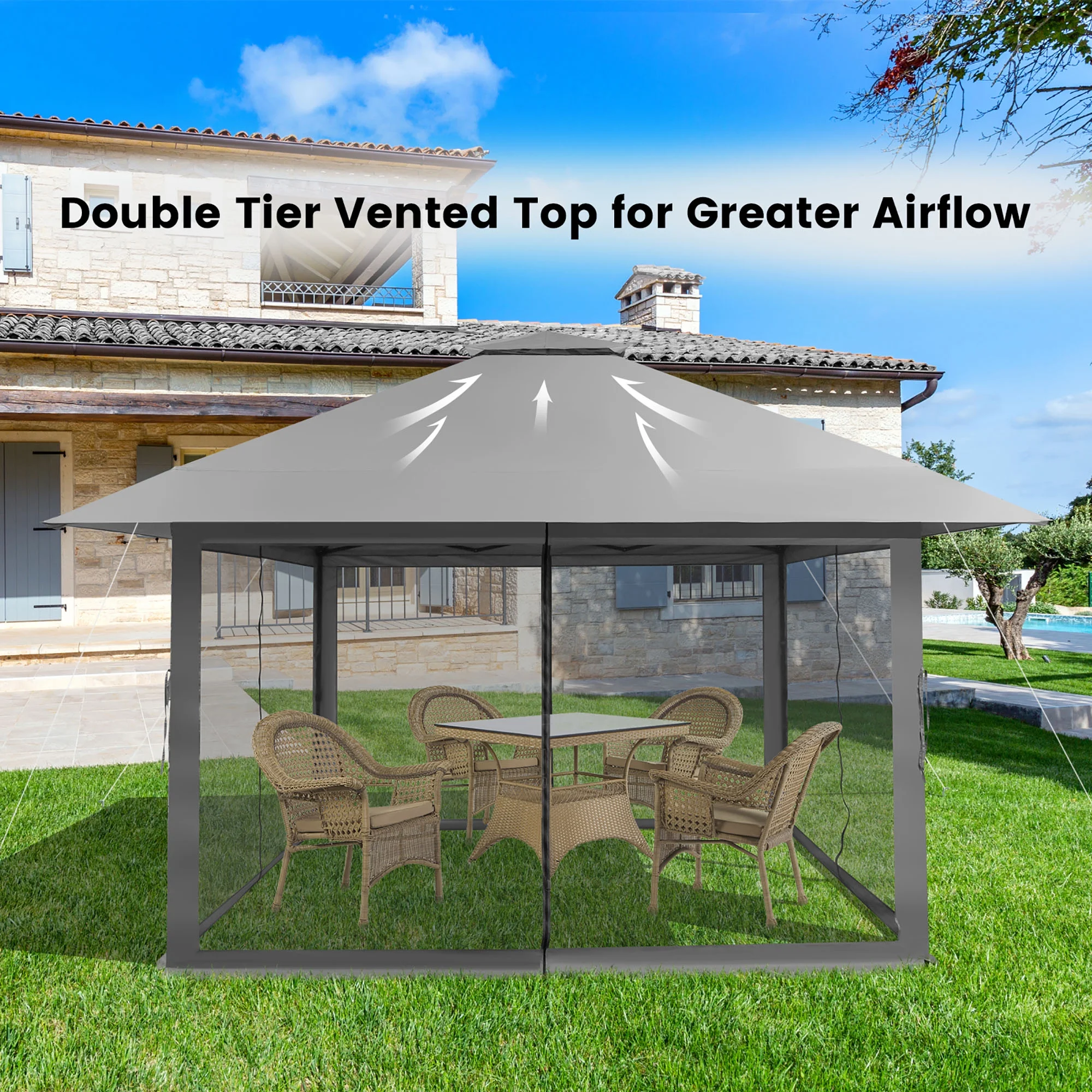 Costway 13x13ft Pop-up Instant Canopy Tent Mesh Sidewall UV50+ Adjust Outdoor Patio Khaki - Image 13