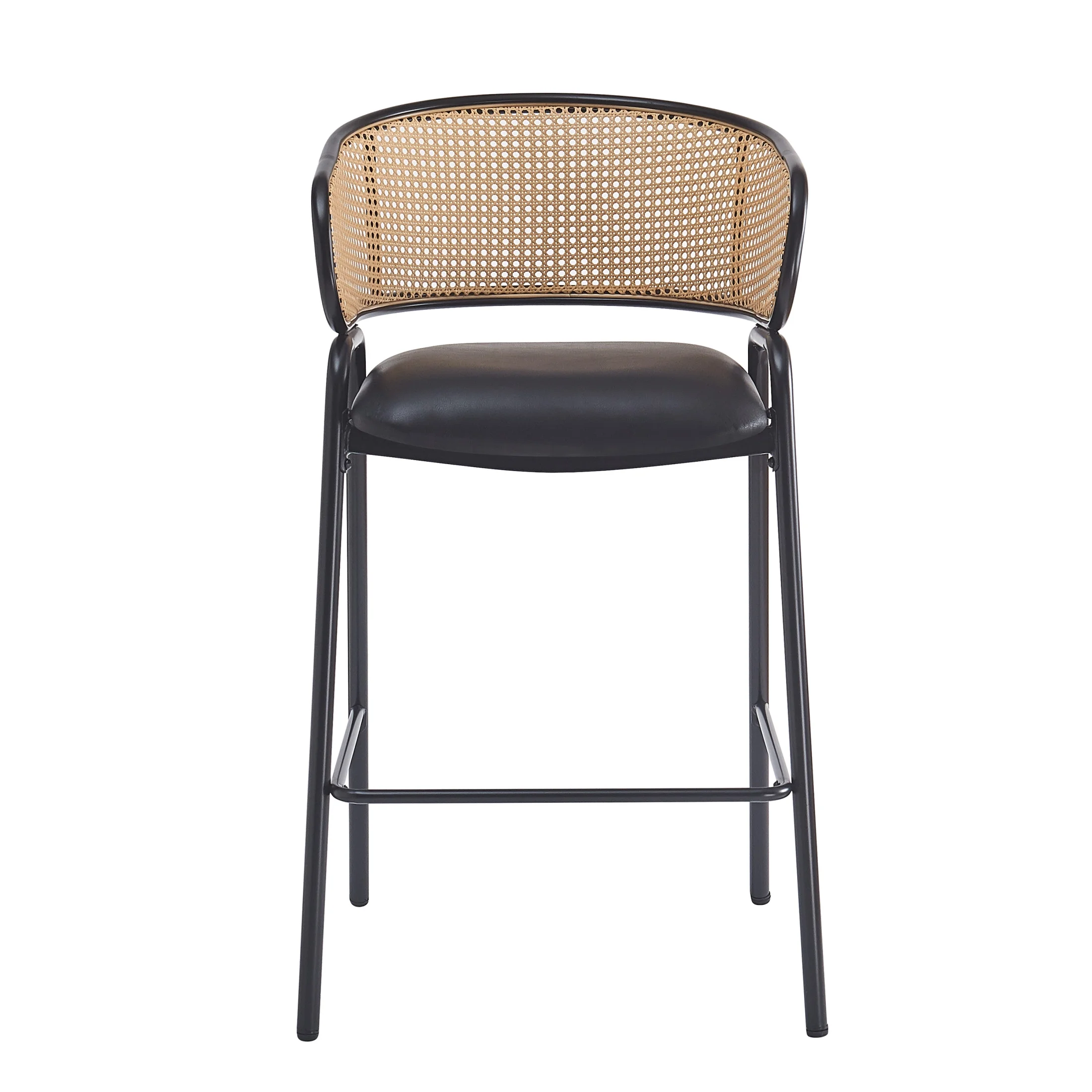 Christopher Knight Home 29.5" PU Upholstered Bar Stool with Woven Rattan Backrest & Iron Frame, Black, Set of 2 - Image 10