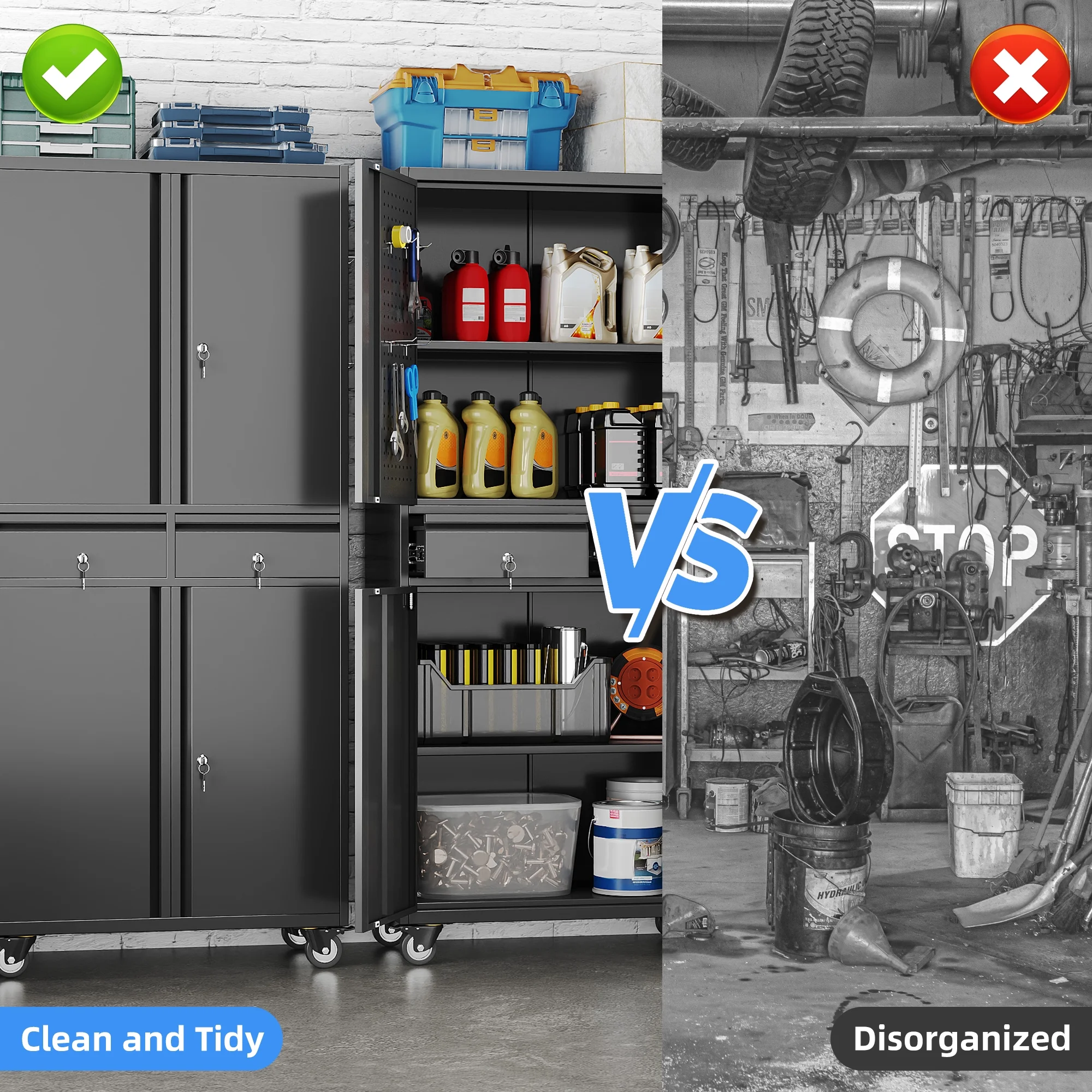 GangMei 71 Inches Tall Metal Garage Storage Cabinets with 5 Adjustable Shelves & Pegboards, Lockable Steel Black Storage Cabinet with Doors for Office, Home, School, Shops, Garage, Assembly required - Image 59