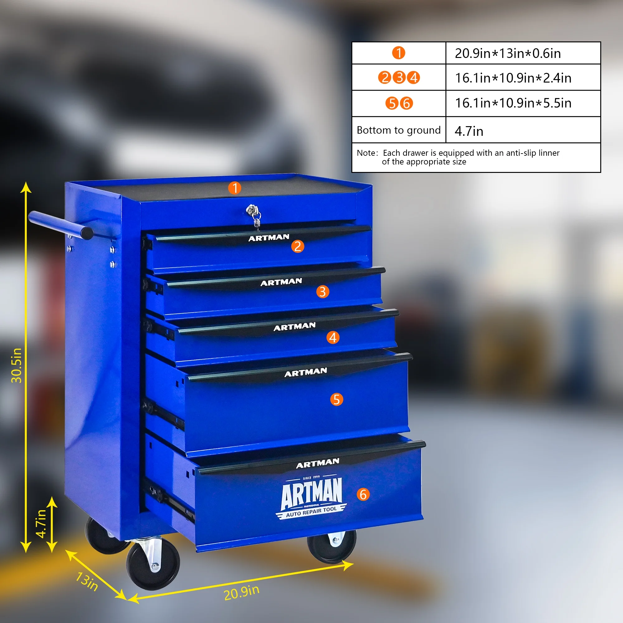 Rolling Metal Tool Chest Cabinet with 5 Drawers & Ball Bearing Drawer Slides, Steel Tool Storage Box Organizer -BLUE - Image 6