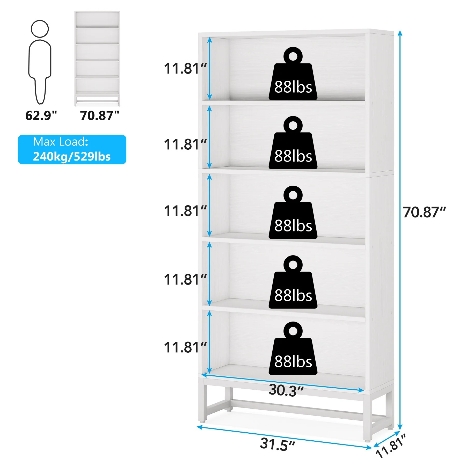 70.87 Inch Tall 5-Tier Bookcase, Large Bookshelf with 31.5 Inch Wide Storage - Image 18