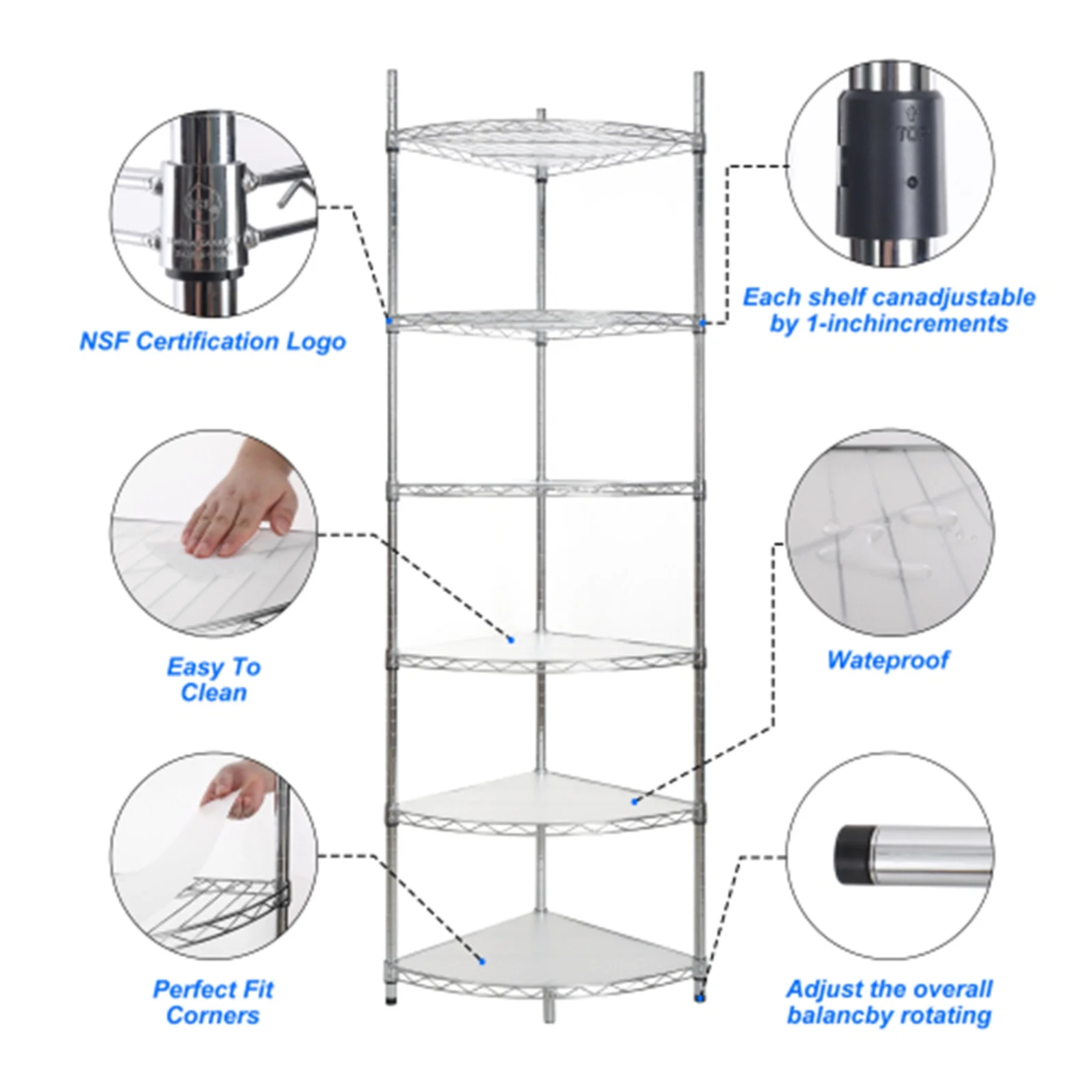 6 Tier Corner Storage Shelves, Wire Shelving Unit, Adjustable Metal Heavy Duty Free Standing Corner Storage Display Chrome Rack for Laundry Bathroom Kitchen Pantry Closet, Chrome - Image 8