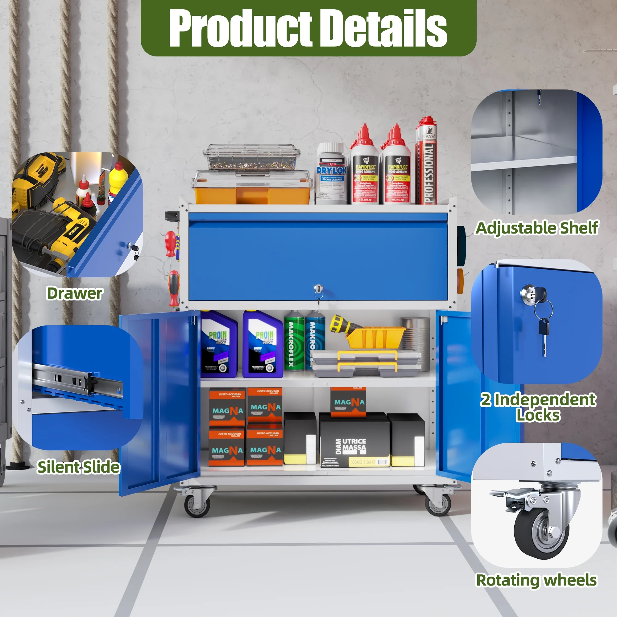 Gaeanet Rolling Tool Storage Cabinet with 5 Adjustable Shelves and Pegboard,Metal Garage Storage Cabinet with Wheels for Garage Home Office Utility Room,71" H-32" W-16" D,Required Assembly, Black - Image 137