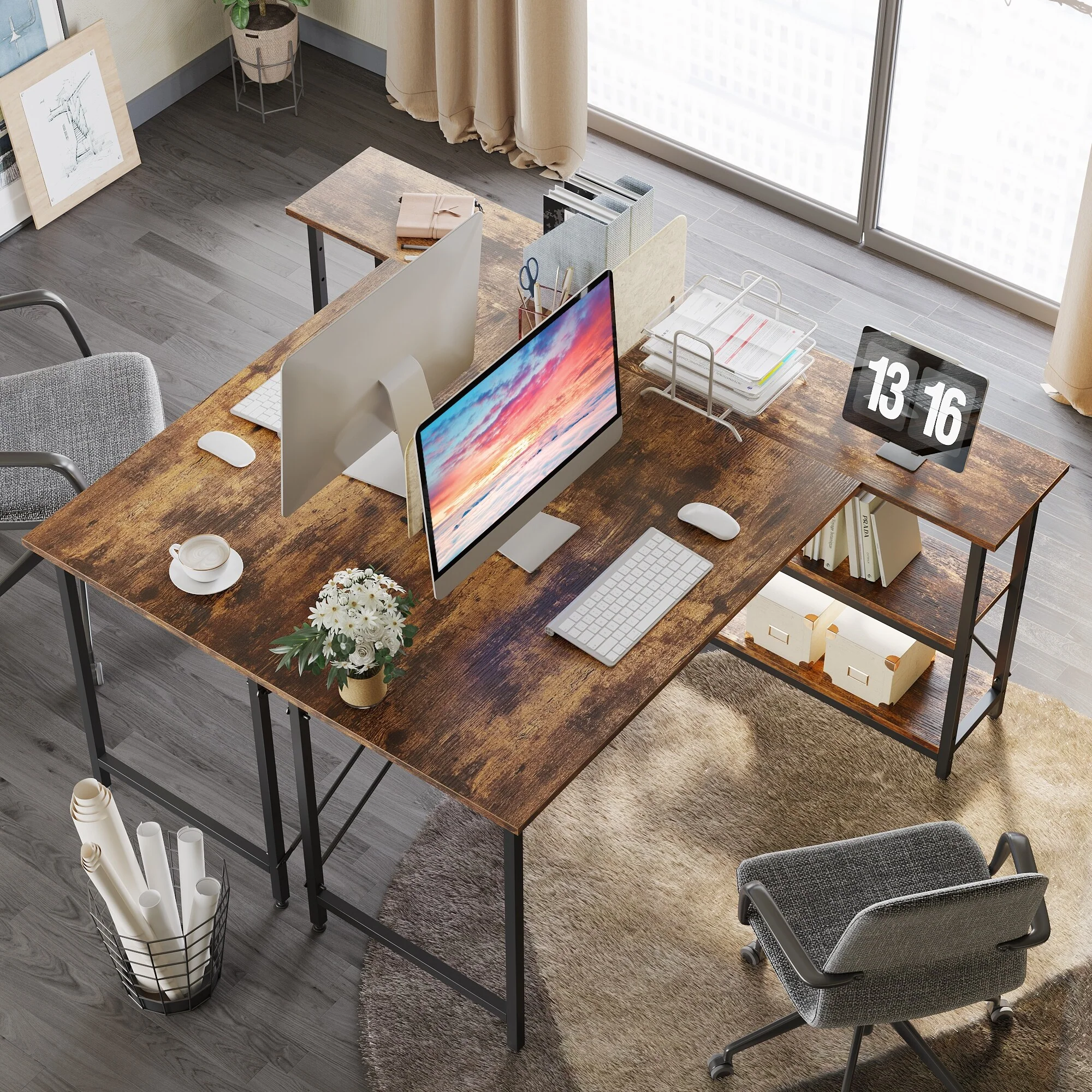 Small L Shaped Computer Desk with Storage Shelves, Compact Corner Workstation for Home Office and Study - Image 110