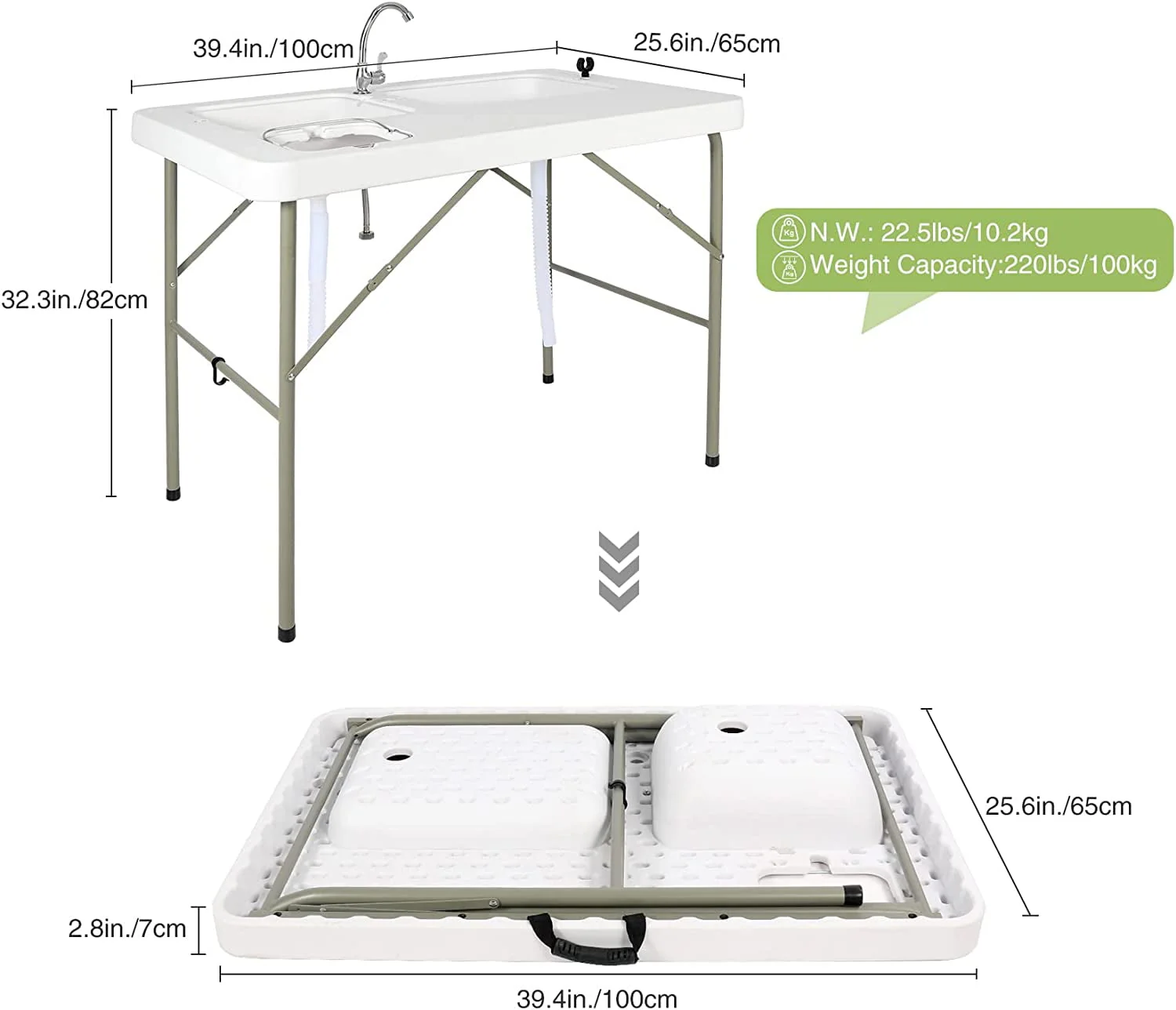 Folding Fish Cleaning Table, Outdoor Camping Sink Station with Sink & Faucet Drainage Hoses, Portable Camping Sink Table for Beach Fishing Patio Picnic - Image 3