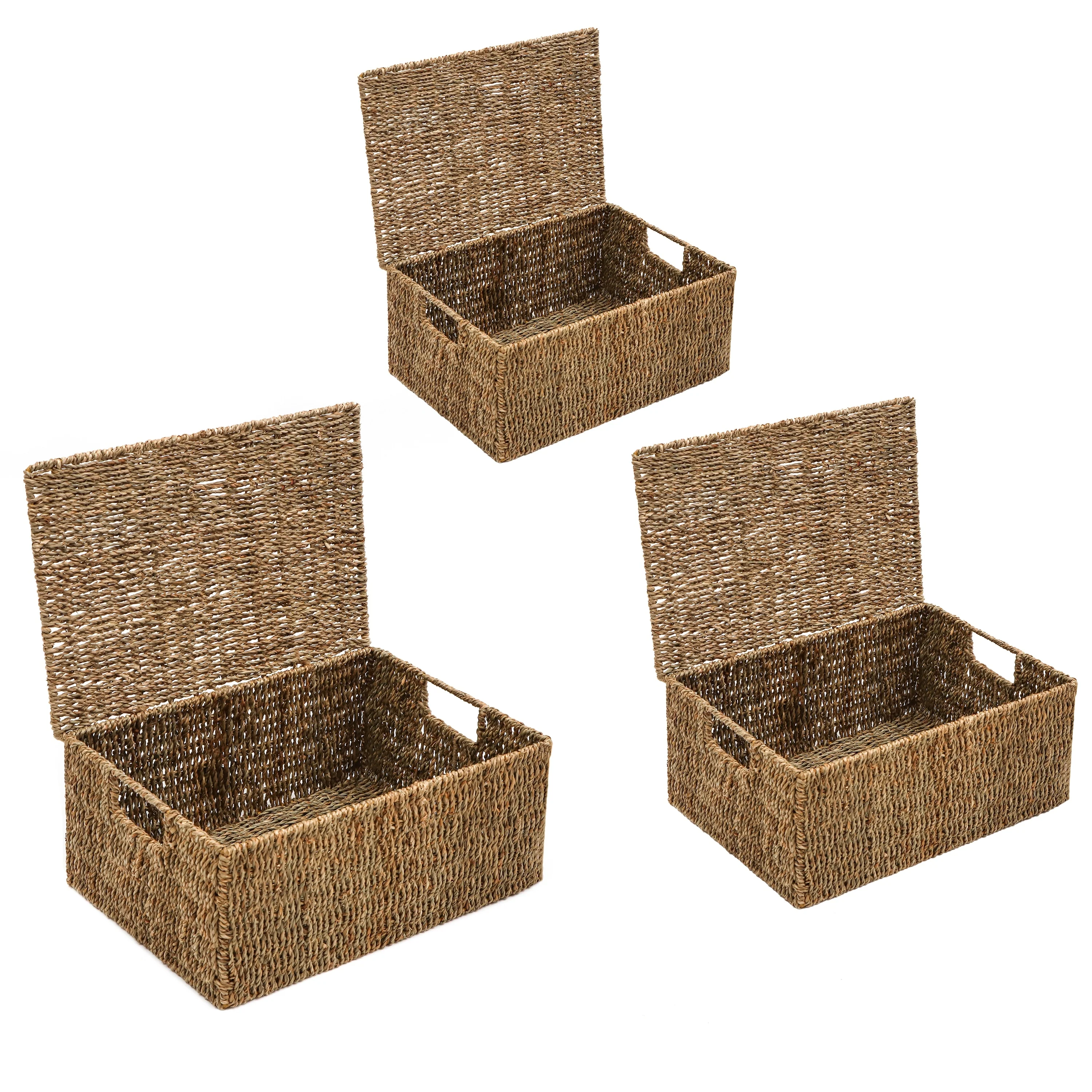 Set of 3 Small Rectangular Seagrass Baskets with Lids, Woven Storage Baskets - Image 7