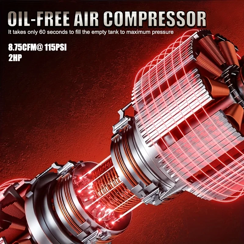 Datingday Ultra Quiet Air 8 Gallon 1.6HP Compressor with Two Quick Couplers & Wheels,Fast 60-Second Inflation & Auto Safety Features ,Max 115 PSI Oil-Free Air Compressor Tank for Home/Commercial Use - Image 12
