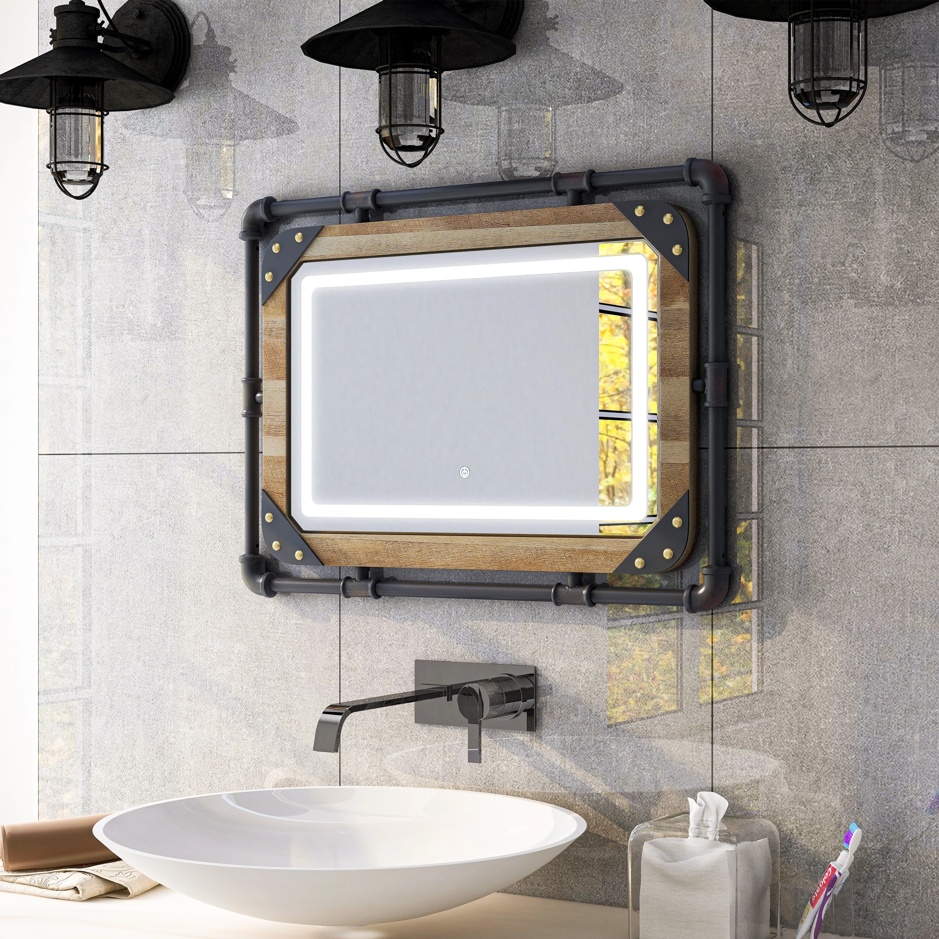 Industrial Metal Wall Mirror with LED Lights, Modern Decorative Mirror for Home