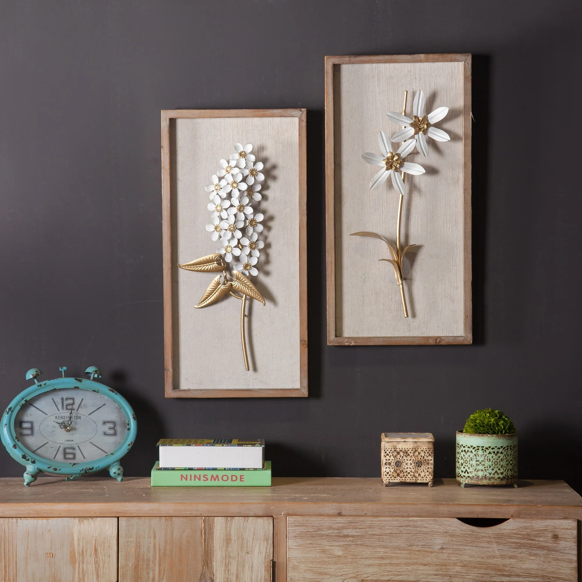 Set of 2 White and Gold Metal Flower Wall Decor with Wood Frames, Decorative Floral Wall Art - Image 2