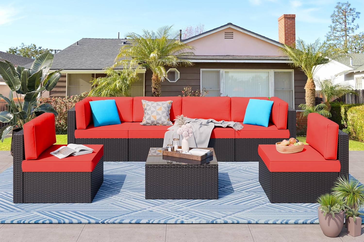 5-Piece All-Weather Patio Furniture Set with Ottoman, Outdoor Wicker Conversation Sofa Set with Cushions for Garden, Deck & Backyard - Image 16