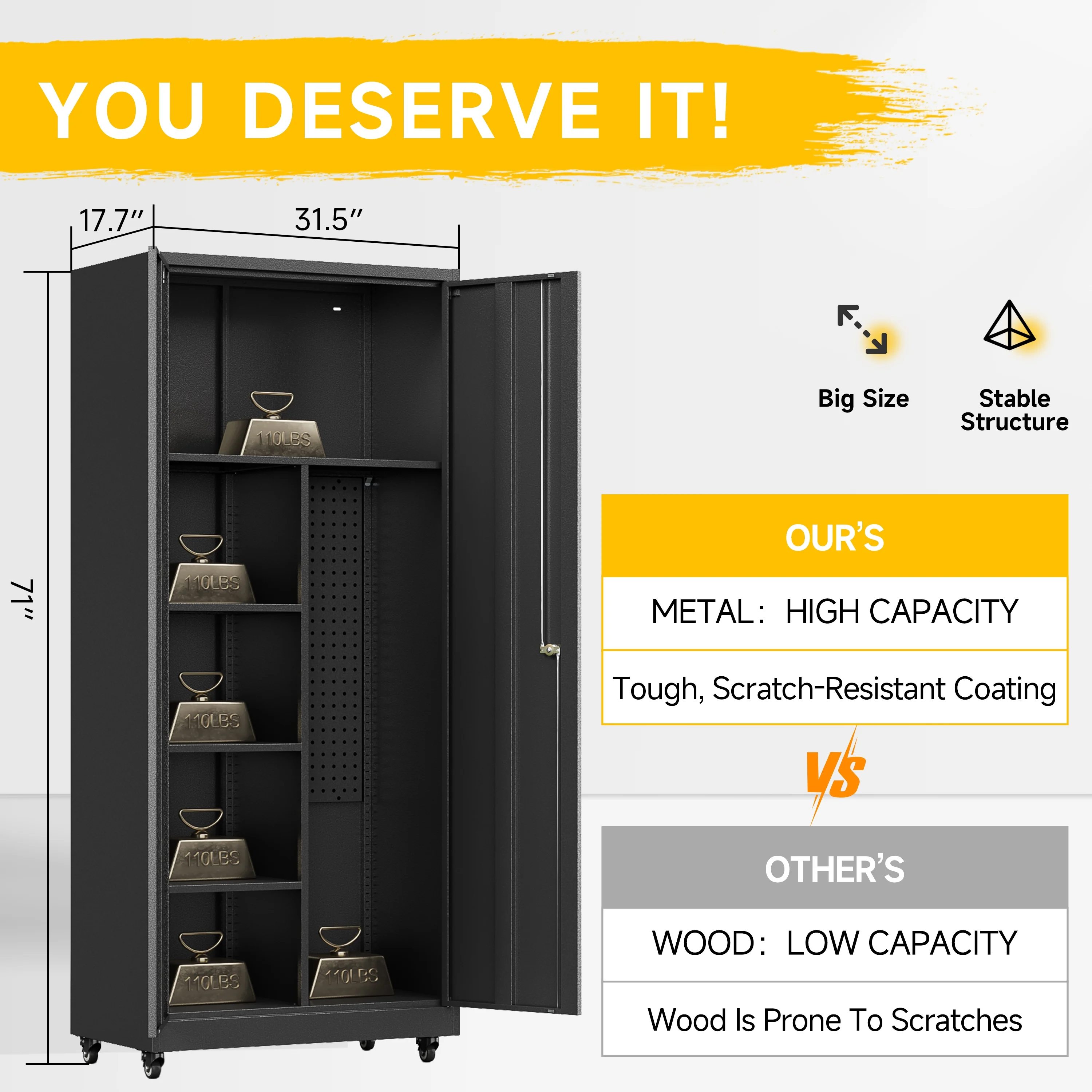 Topass Metal Storage Locker with Lockable Door, 71'' Clothing Coat , Garage Tool Cabinet with Wheels -Locker for Office, Home, School, Employee, Gym - Image 2