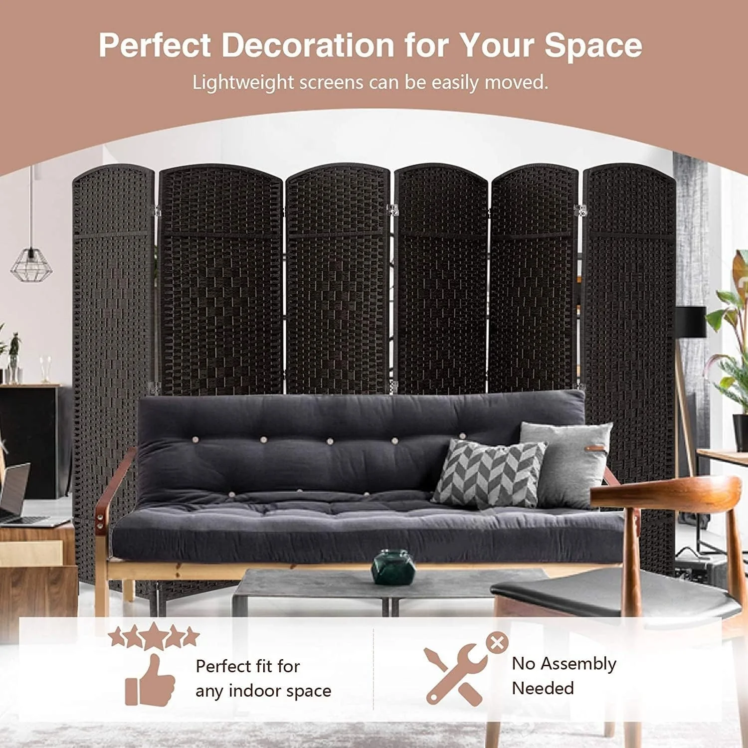 6 FT Tall Woven Fiber Room Divider, Freestanding Folding Privacy Screen - Image 41