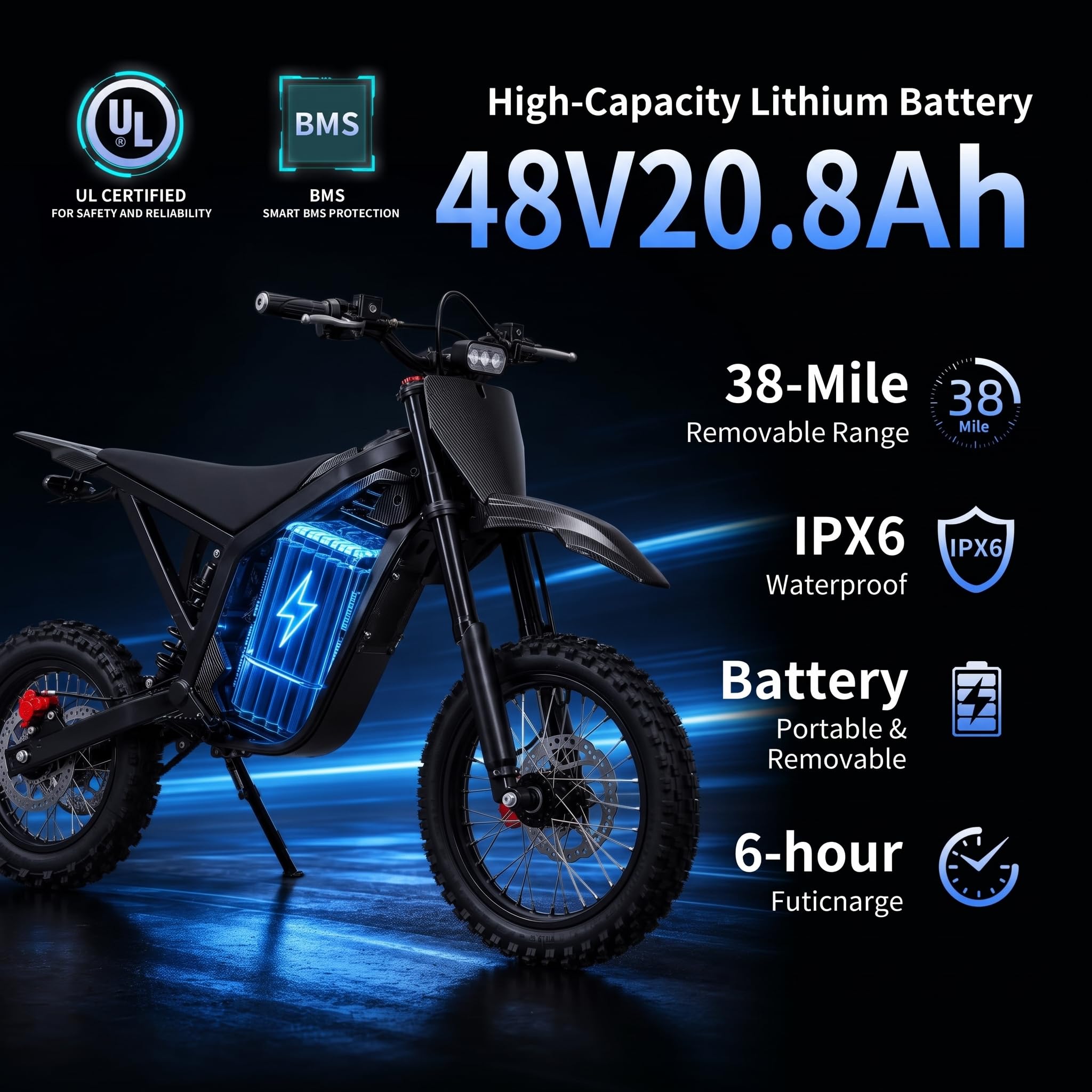 Electric Dirt Bike for Teens & Adults, 48V 20.8Ah 230Nm 40 Miles Range - Image 4