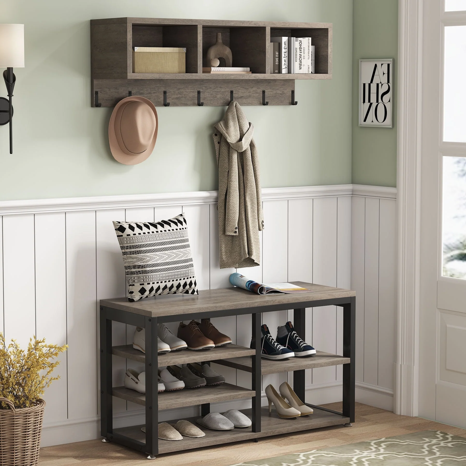 Entryway Coat Rack and Shoe Bench Set, Industrial Hall Tree with Coat and Shoe Storage - Image 25