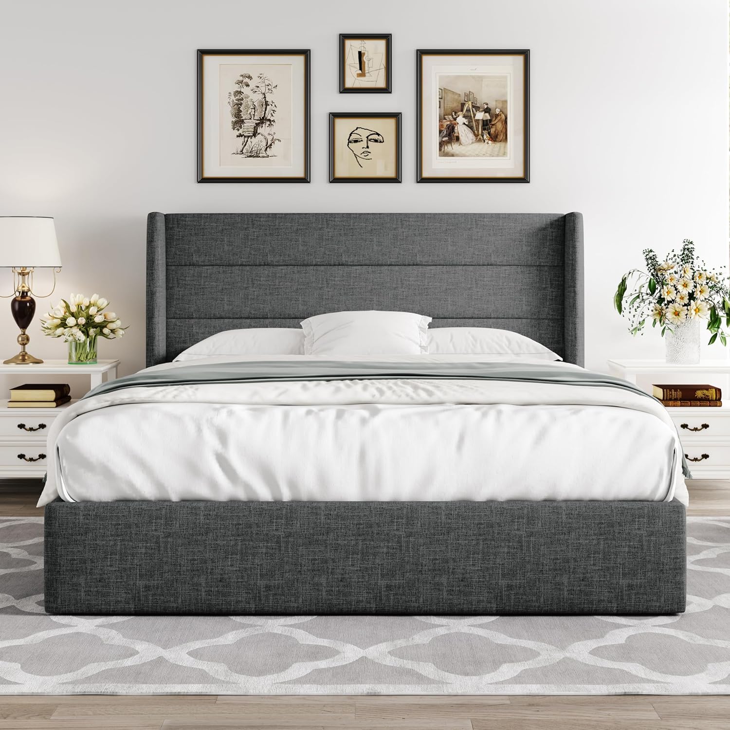 Queen Size Lift Up Storage Bed with Wingback Headboard, Upholstered Platform Bed Frame with Hidden Storage - Image 159