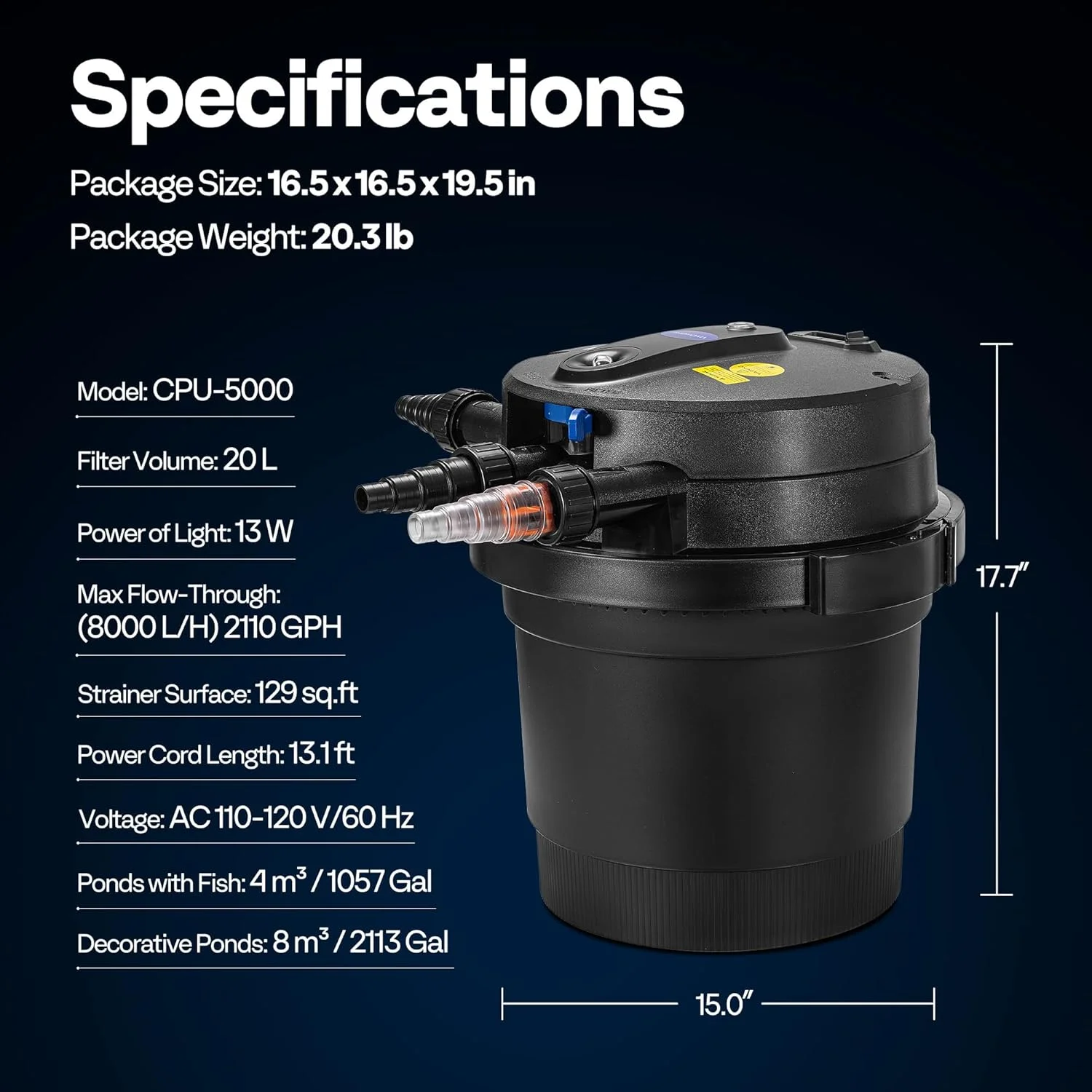 SPECSTAR 2110GPH Auto-Cleaning Pressurized Bio Pond Filter with 13W Light, Timer, Multi-Size Adapters for Koi Ponds up to 1057 Gallons or Ornamental Ponds up to 2113 Gallons - Image 9